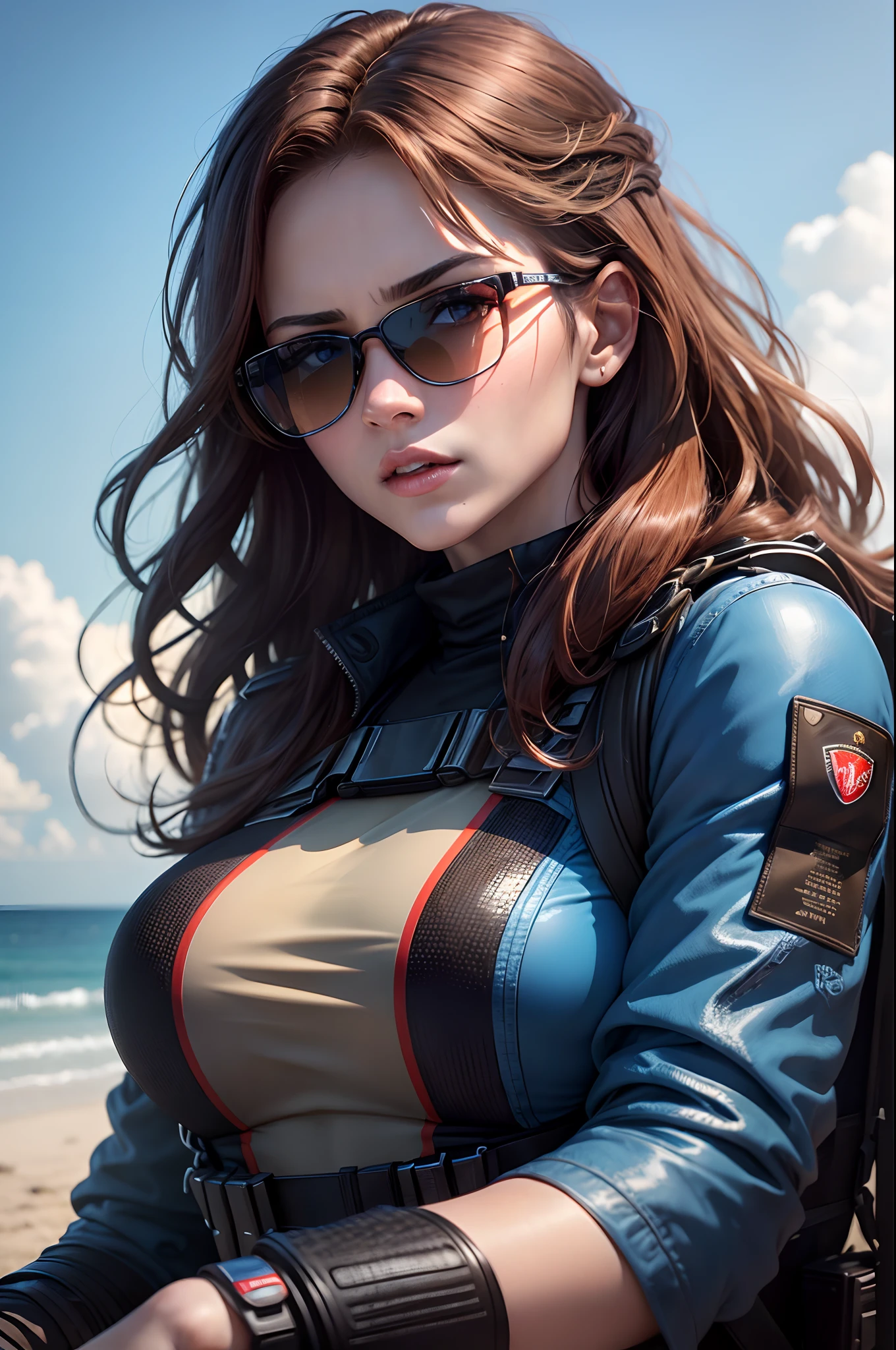 8K,Photorealsitic Raw photography top-quality;1.4) (One adult woman) Super beauty (Lifelike face) woman wearing sunglasses Red Special Forces Costume Realistic shootout scenes Glaring at her with brown hair waves and blue eyes enticing Beautiful expression 超A high resolution A hyper-realistic real looking skin Precise details of the Beretta M9