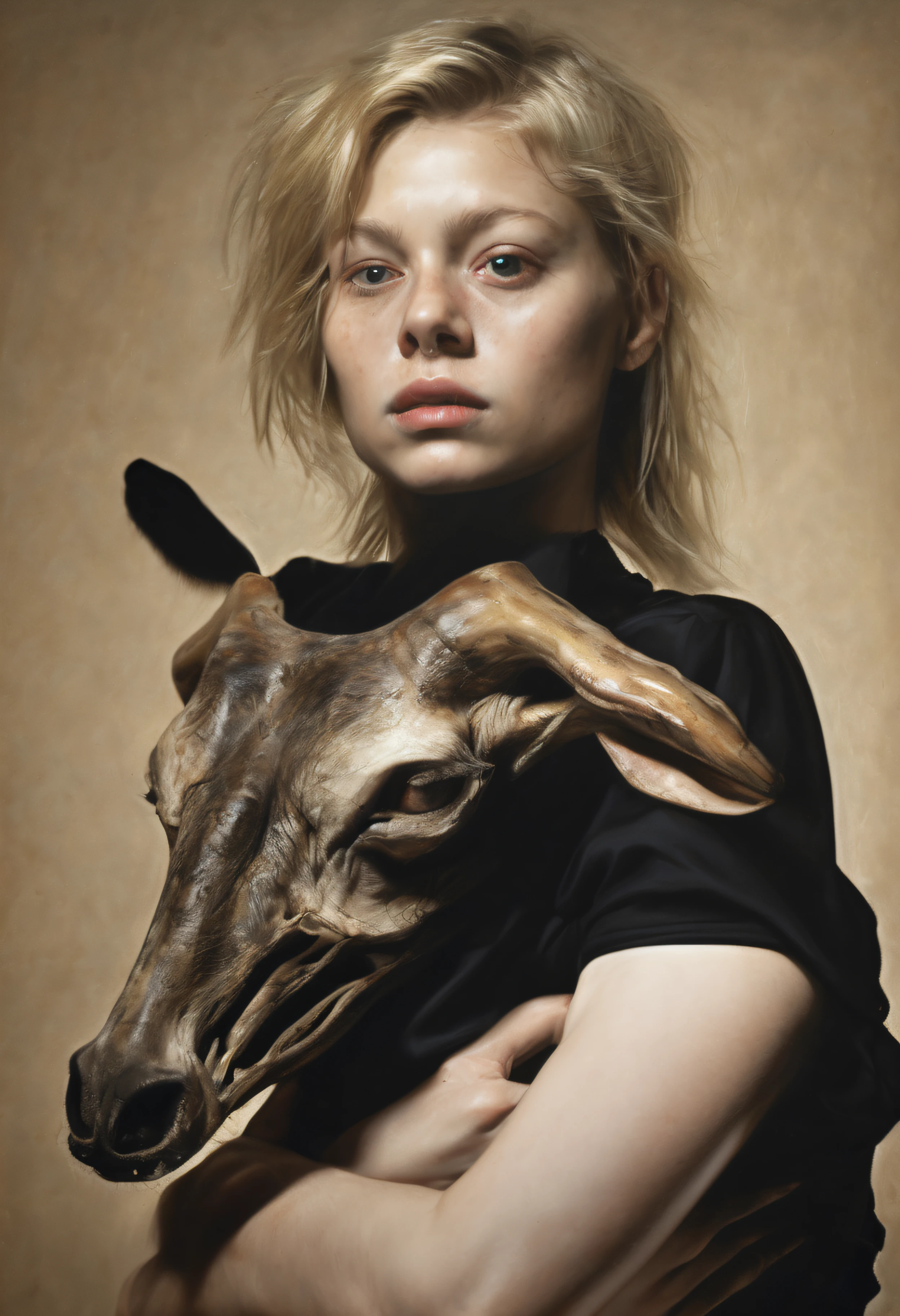 "(The best lighting, alto contraste, oscuro, dramatic),(Chica rubia junto a una cabra negra gigante, Open the rib cage, feto, autopsia, huesos humanos, sangre por las paredes). Luz Caravaggio"