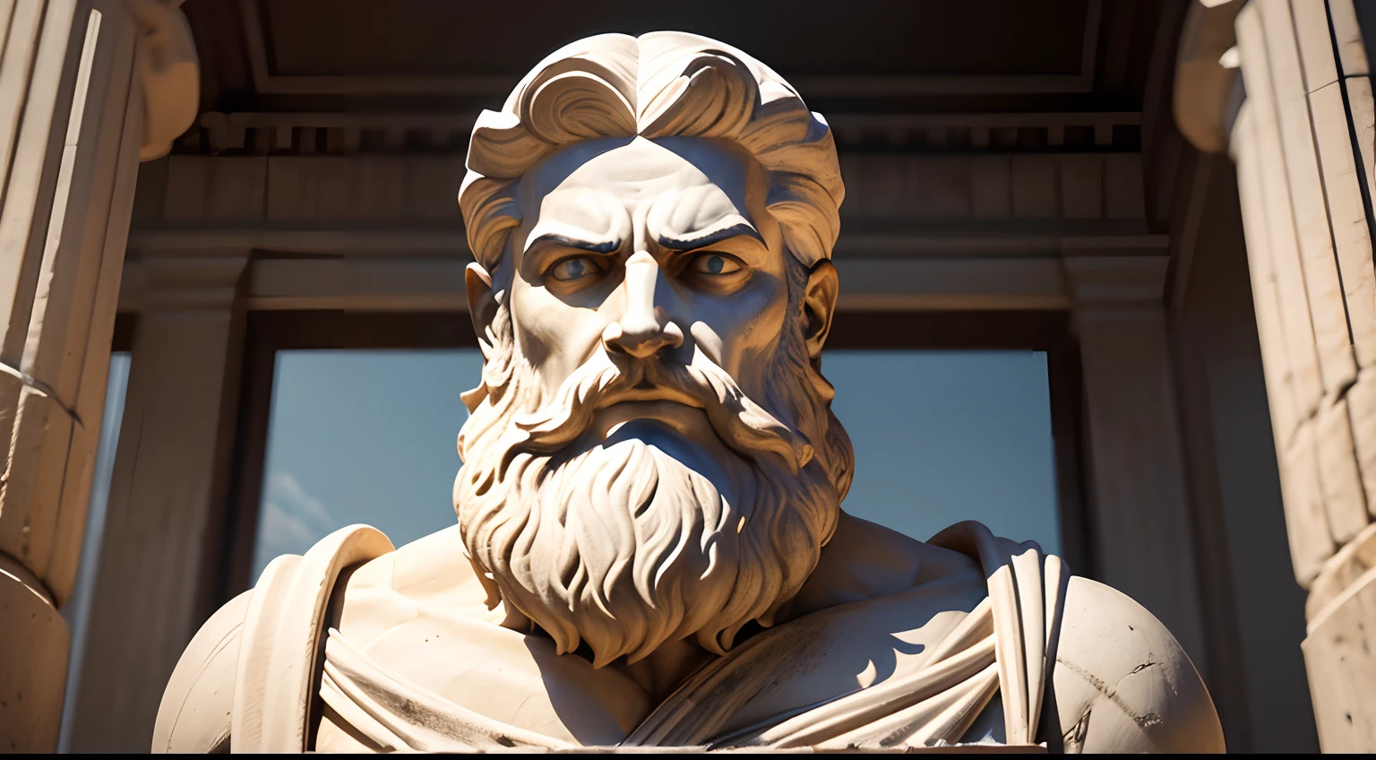 Ancient Greek statue with angry expression, has beard, a lot details in both eyes, Outside, com rosto extremamente detalhado full body view, Colors with low saturation with dark tone, Filmado em Sony A7S III com Sony FE 35mm f/1.8, 12.1 MP, --AR 3:2 --estilo cru