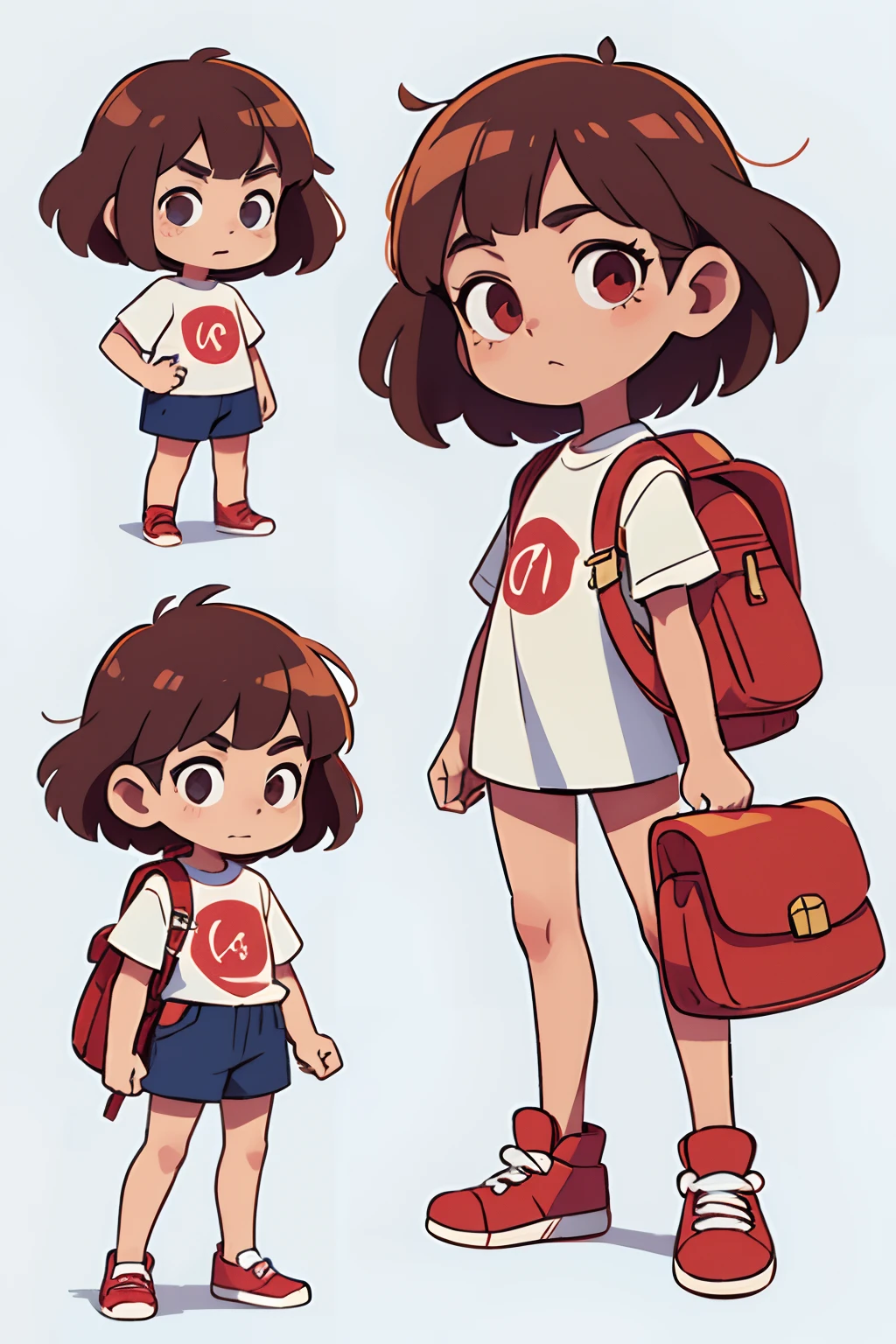 um menino com cabelo cacheado, e uma mochila vermelha, sapatos vermelhos, nave espacial na camisa, folha de caracteres, Multiple angles