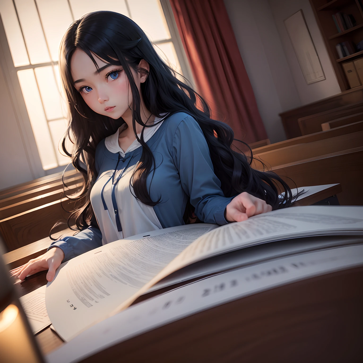 room at night、Woman with long wavy black hair and blue eyes、lecture