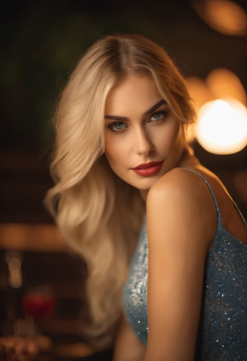 blonde woman with matching tank top and skirt posing at a night club, fille sexy aux yeux bleus, Portrait Sophie Mudd, blur background, best quality, 1girl, Portrait de Corinna Kopf, cheveux blonds et grands yeux, selfie of a young woman, ohne Maquillage, maquillage naturel, Look directly into the camera, Visage avec Artgram, dezentes Maquillage, Superbe photo du corps entier, dans la chambre, Gros seins, Blonde, latina