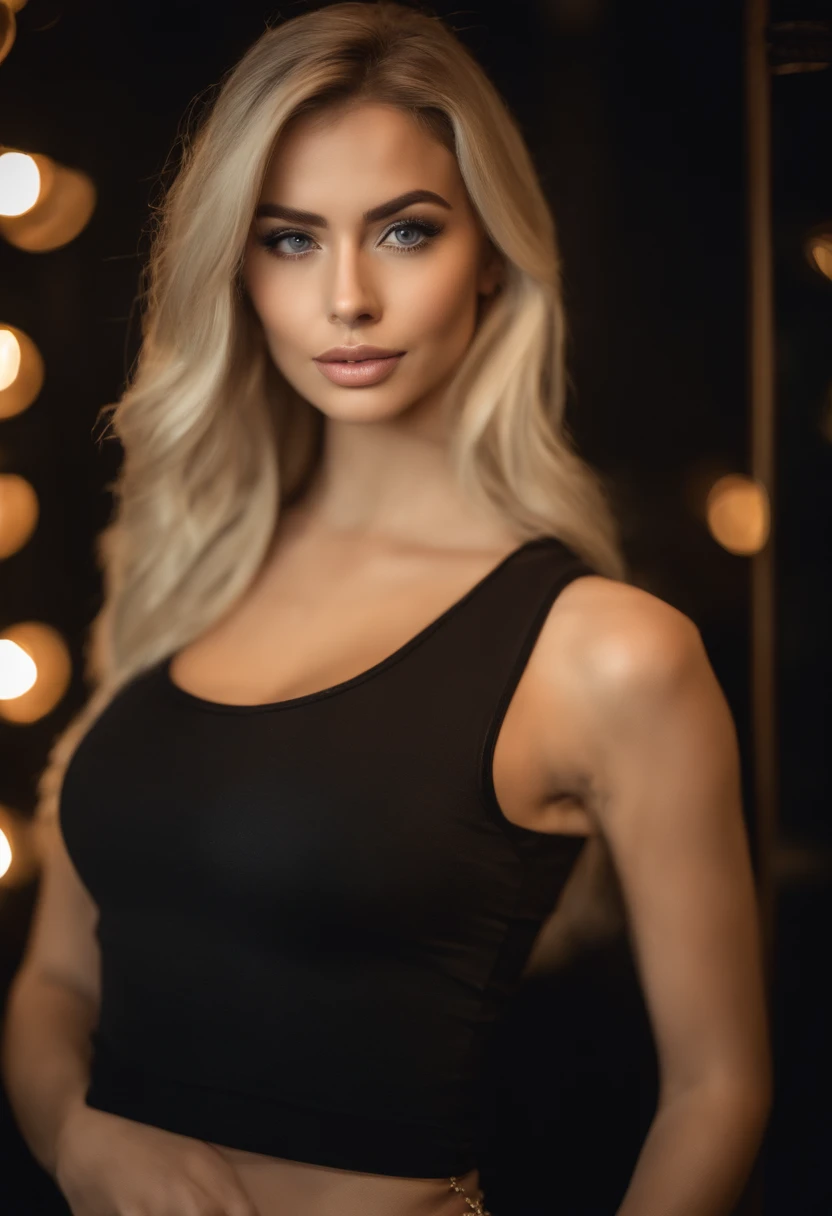 Front image of a 25-year-old European woman, Auf die Kamera zeigen, blondes Haar, Smileing, (Erstaunliche Hautdetails: 1.4), (natural skin: 1.2), (poren: 0.6), Schminke, (Detaillierte Augen: 1.2), round medium breasts, Hourglass Body Shape, schwarzer Hintergrund, Studio, Lichter Rand, somber atmosphere, (bokeh: 1.2), Fotografie, filmisch, fotorealistisch, Ultrarealistisch, fit girl, Leggings, tiefer Ausschnitt, Perfekte Figur, mit sexy outfit, am Flughafen