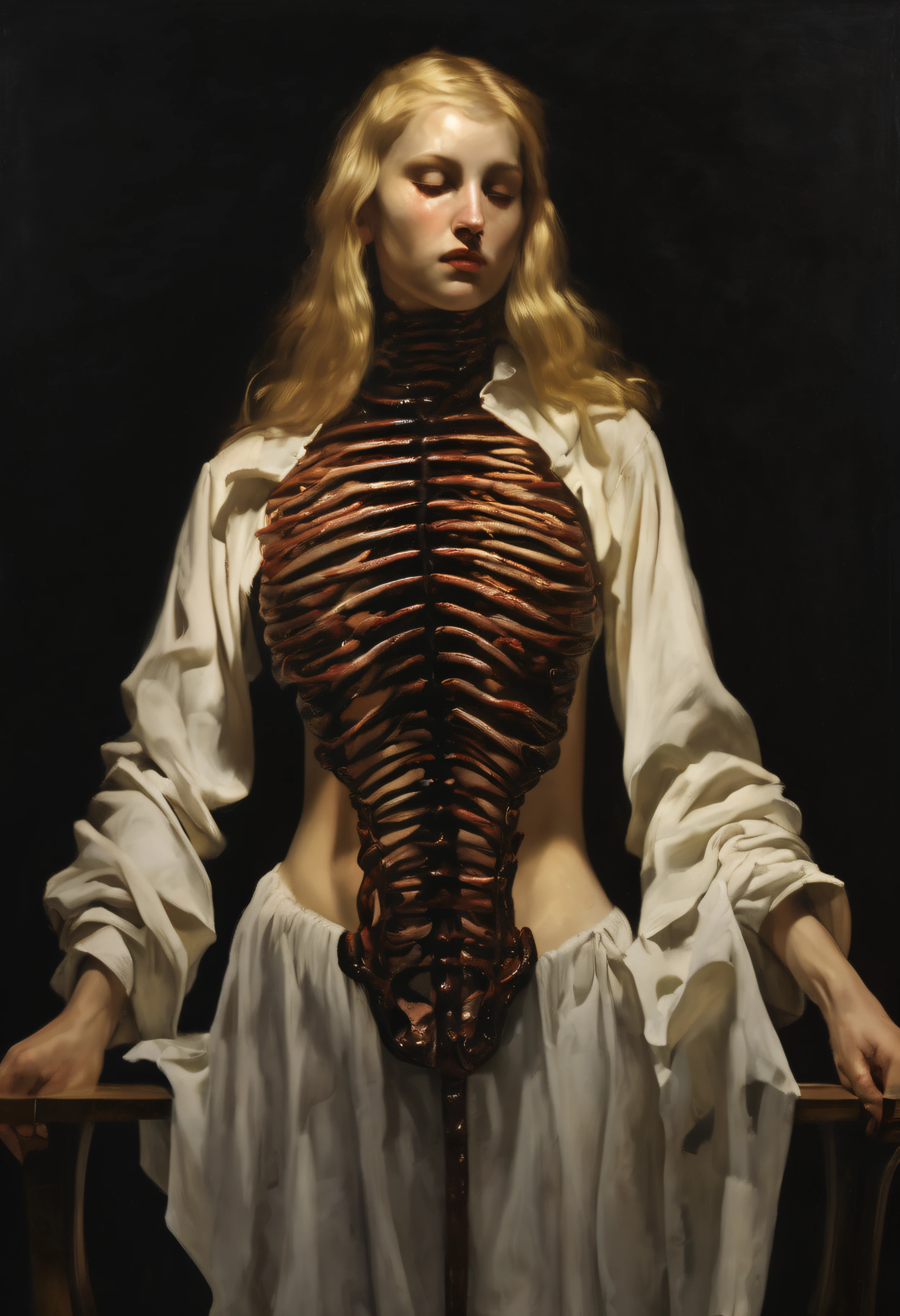"(The best lighting, alto contraste, oscuro, dramatic),(Chica rubia junto a una cabra negra gigante, Open the rib cage, feto, autopsia, huesos humanos, sangre por las paredes). Luz Caravaggio"