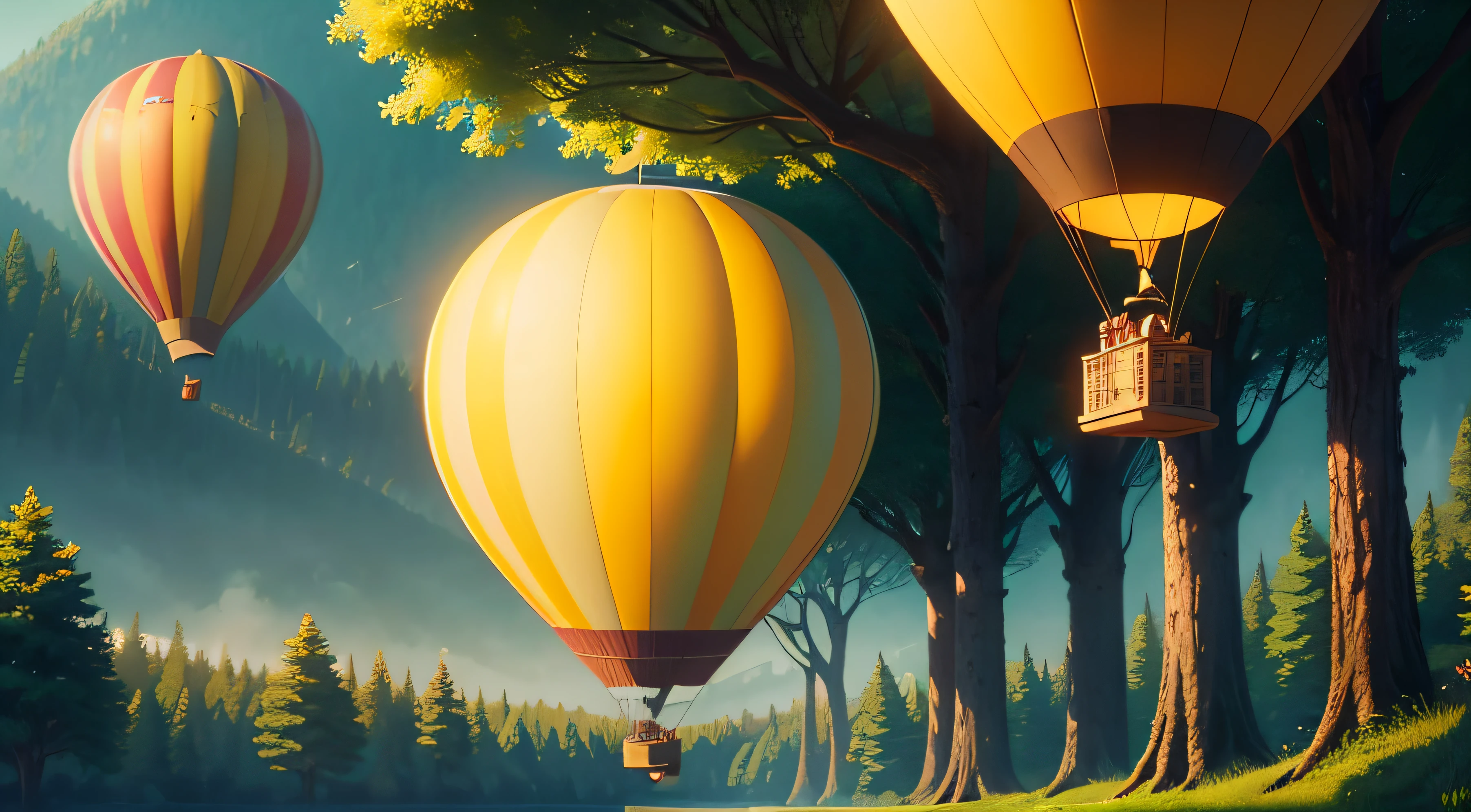 yellow Air balloon anchored to trees in the forest, Pixar Movie Style, best quality, Cinematic Movie Still, very cute, big eyes, bright eyes, amazing clearing, lightgreen forest, back view adorable fox looking air balloon
