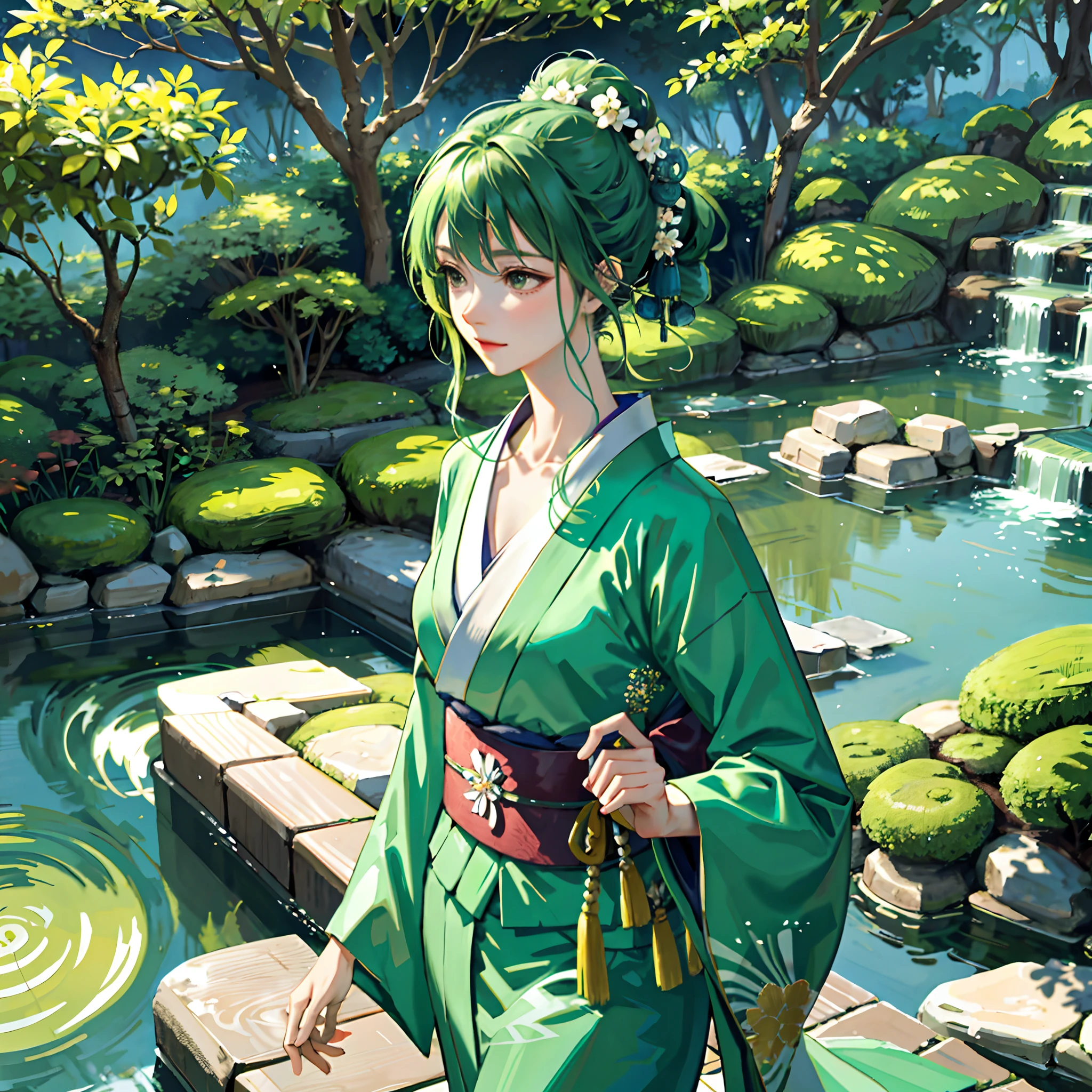 exquisite green kimono, elegant posture, delicate features, traditional Japanese garden, soft lighting, vibrant colors, graceful movements, tranquil atmosphere, highres, bokeh