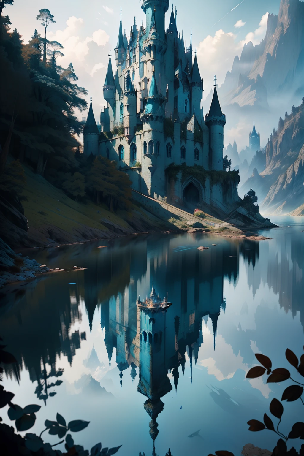 fantasy blue castle in the lake, blue colours, beautiful landscape, from Brian Froud and Carne Griffiths and Wadim Kashin and John William Waterhouse, 8K post-production, high resolution, hiperdetailed, trending in artstation, sharp-focus, Studio photo, from Greg Rutkowski