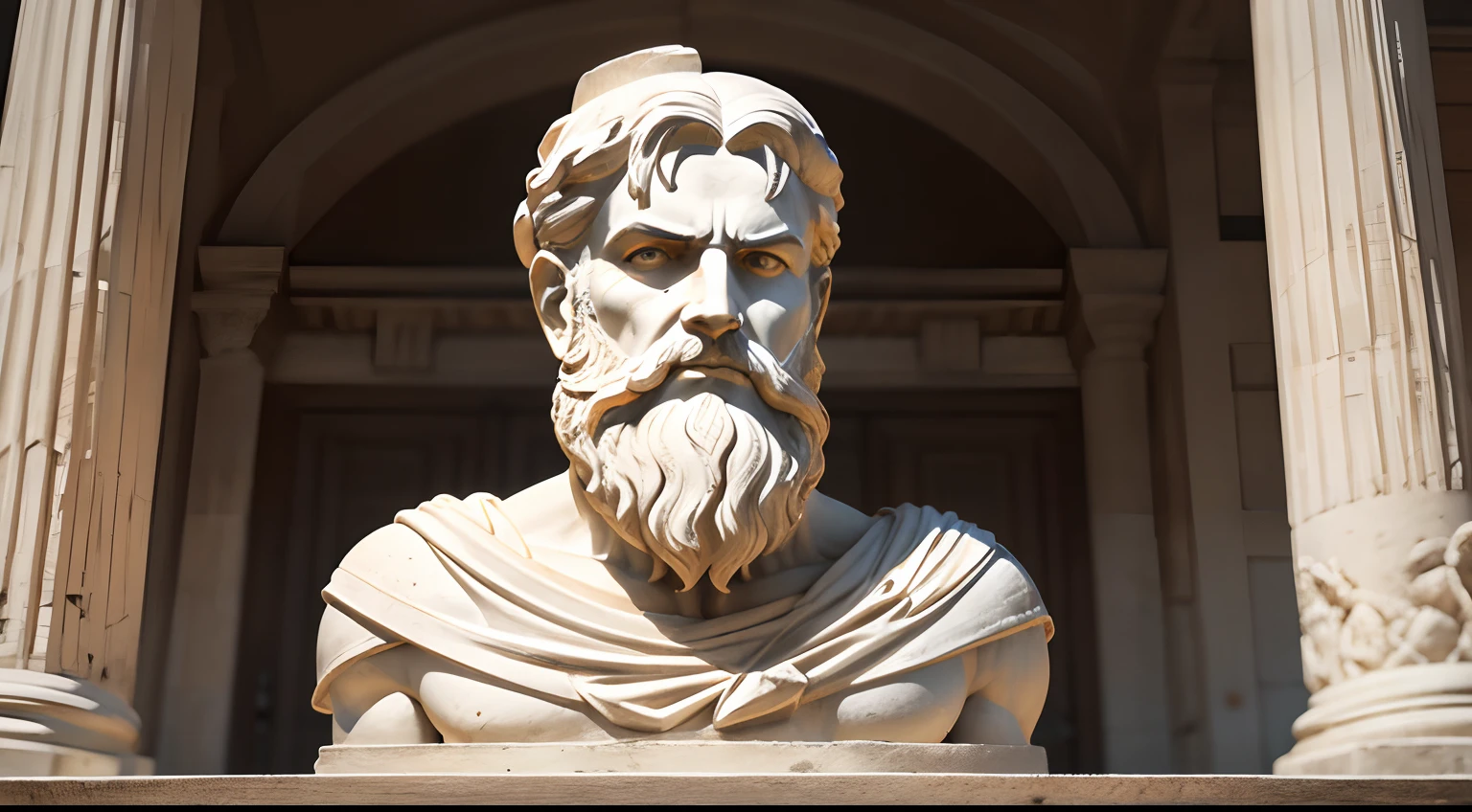 Ancient Greek statue with angry expression, has beard, a lot details in both eyes, Outside, com rosto extremamente detalhado full body view, Colors with low saturation with dark tone, Filmado em Sony A7S III com Sony FE 35mm f/1.8, 12.1 MP, --AR 3:2 --estilo cru