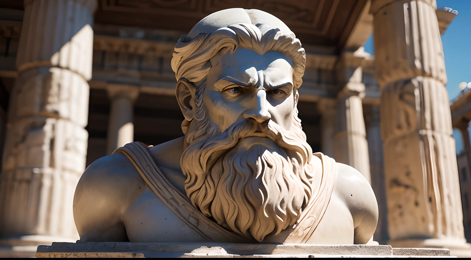 Ancient Greek statue with angry expression, has beard, a lot details in both eyes, Outside, full body view, Colors with no saturation with dark tone, Filmado em Sony A7S III com Sony FE 35mm f/1.8, 12.1 MP, --AR 3:2 --estilo cru