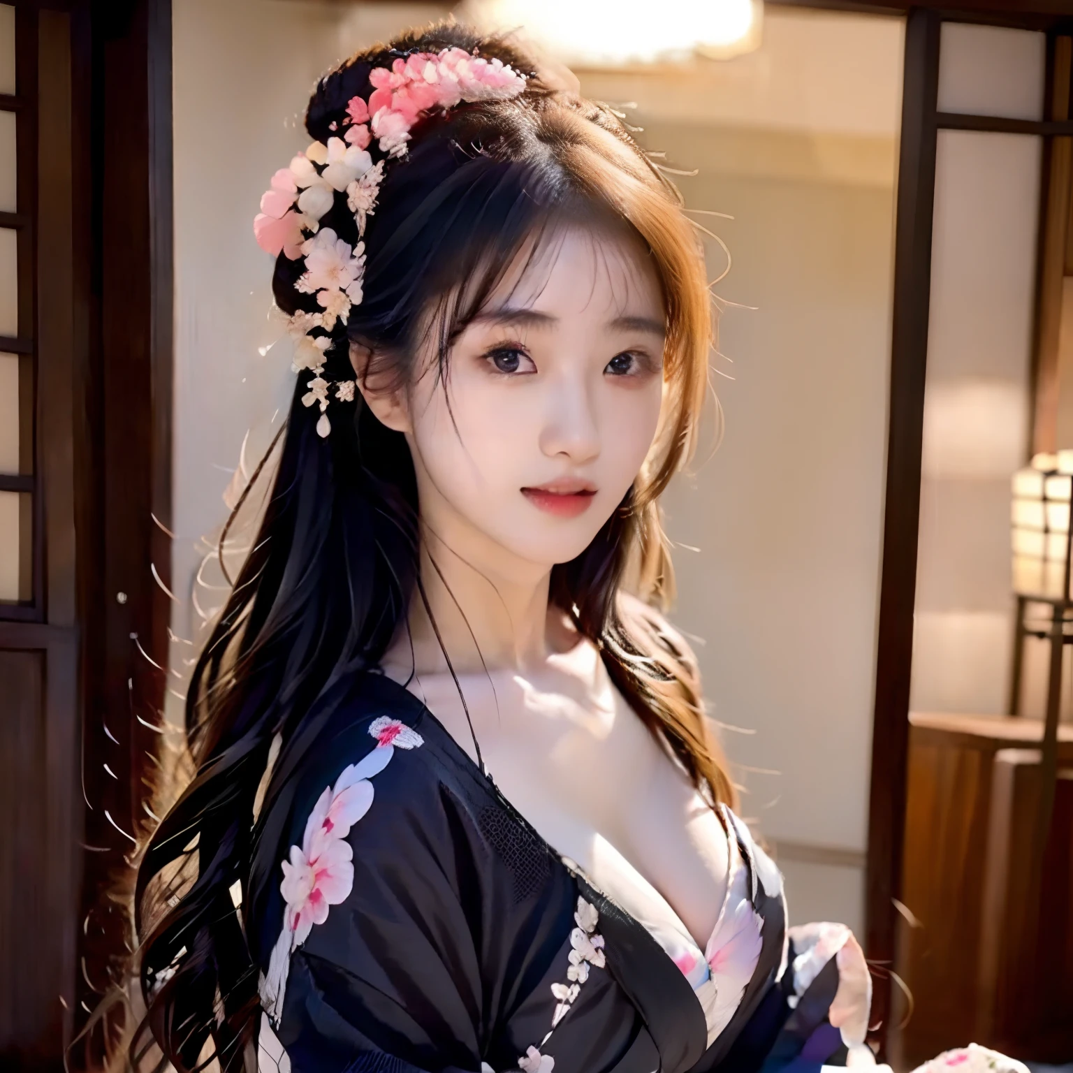 Hot Girl in Japanese traditional black kimono , big cleavage , hyper realistic Detailed image