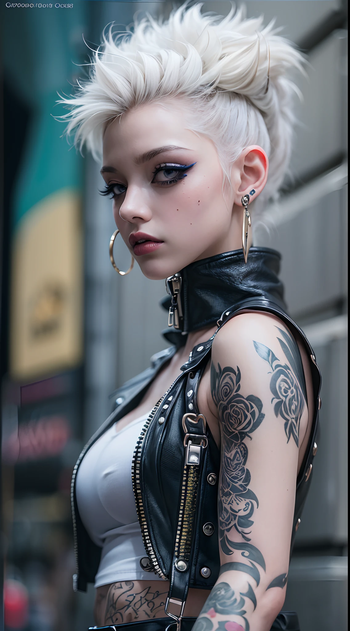 The prompts for the first theme are as follows:
"(Best Quality, 8K, 32K, masutepiece:1.3), Ultra-detailed, (Photorealistic:1.4), white colors, albino, Punk Girl, Detailed eyes, Upper body, Luxurious punk hair, Edgy punk fashion, Avant-garde makeup, Numerous piercings, Heavily tattooed body, Street background, Backlight effect, Shallow depth of field, Blurry background"