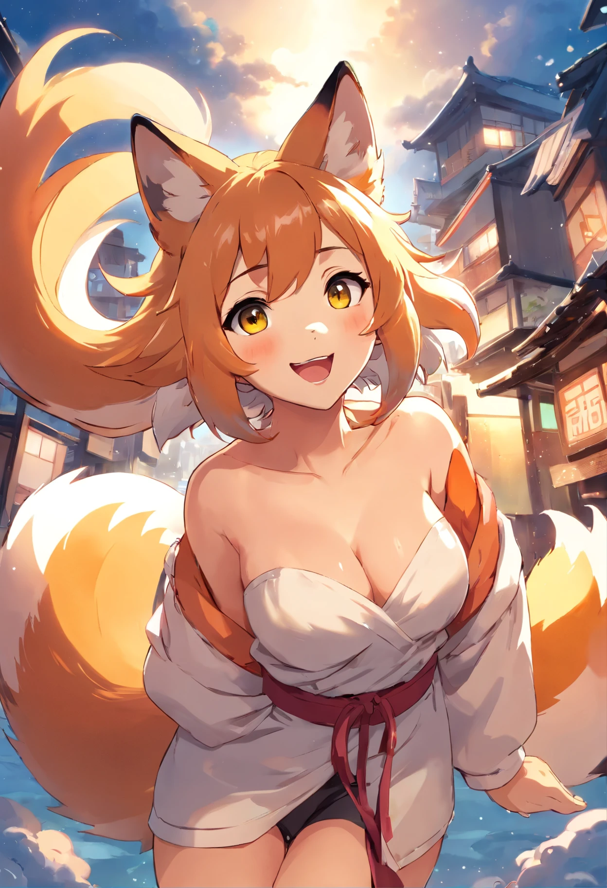 Absurd res, (((Kitsune, fluffy chest, cheek tufts, Fox eyes, Facial expression: Awe, wonder, Happy))), ridiculous resolution, high resolution, (masterpiece:1.4), super detailed, hijab, Kitsune robes, seen from above, Pinup, Full Body portrait, Dynamic view, breathtaking scenery, space, floating, , happy tones, Vibrant tones, cheery tones --v 6