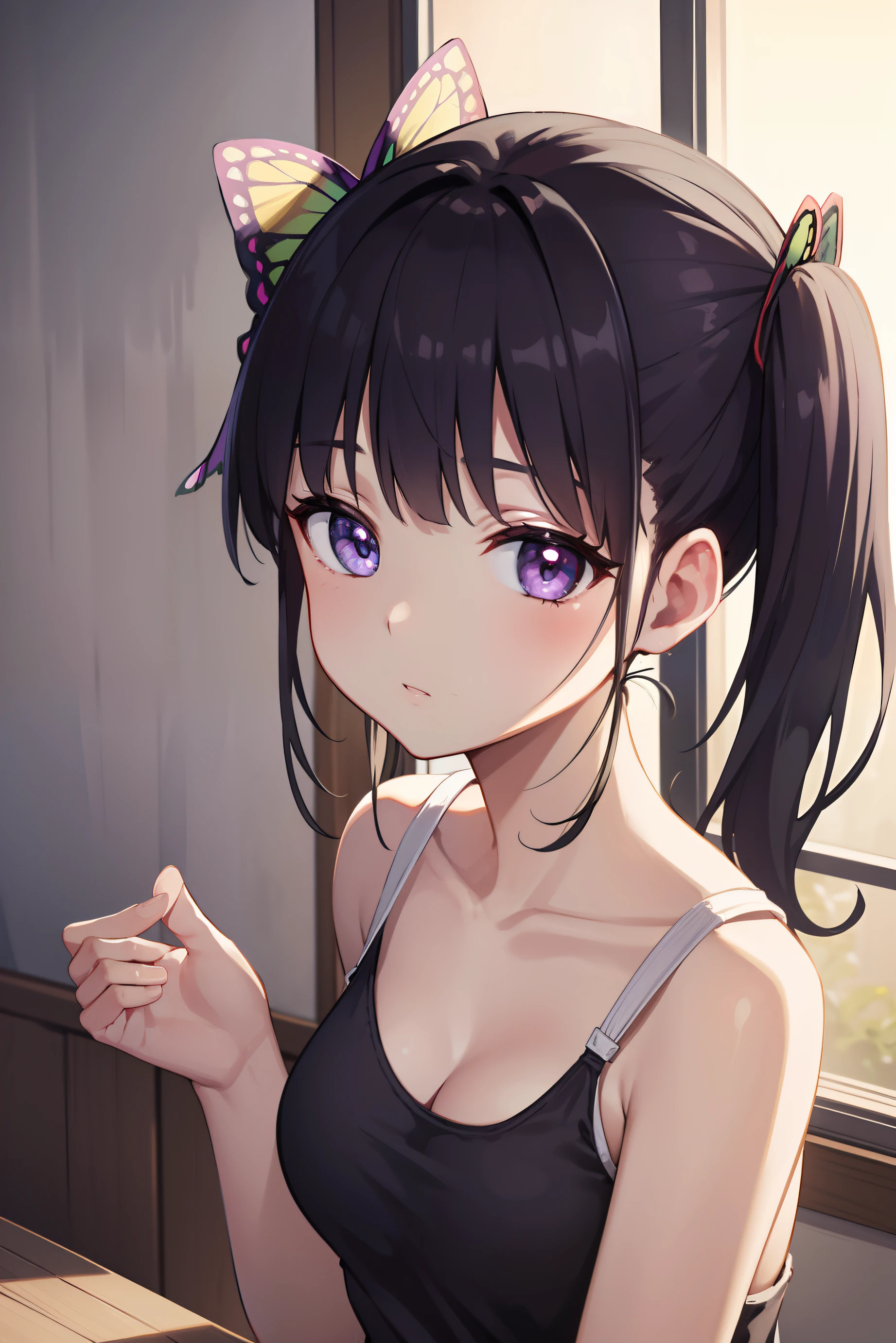 kanaotsuyuri, kanao tsuyuri, black hair, butterfly, butterfly hair ornament, (purple eyes:1.1), side ponytail, ponytail, 
tank top, 
BREAK looking at viewer,
BREAK indoors, classroom,
BREAK (masterpiece:1.2), best quality, high resolution, unity 8k wallpaper, (illustration:0.8), (beautiful detailed eyes:1.6), extremely detailed face, perfect lighting, extremely detailed CG, (perfect hands, perfect anatomy),