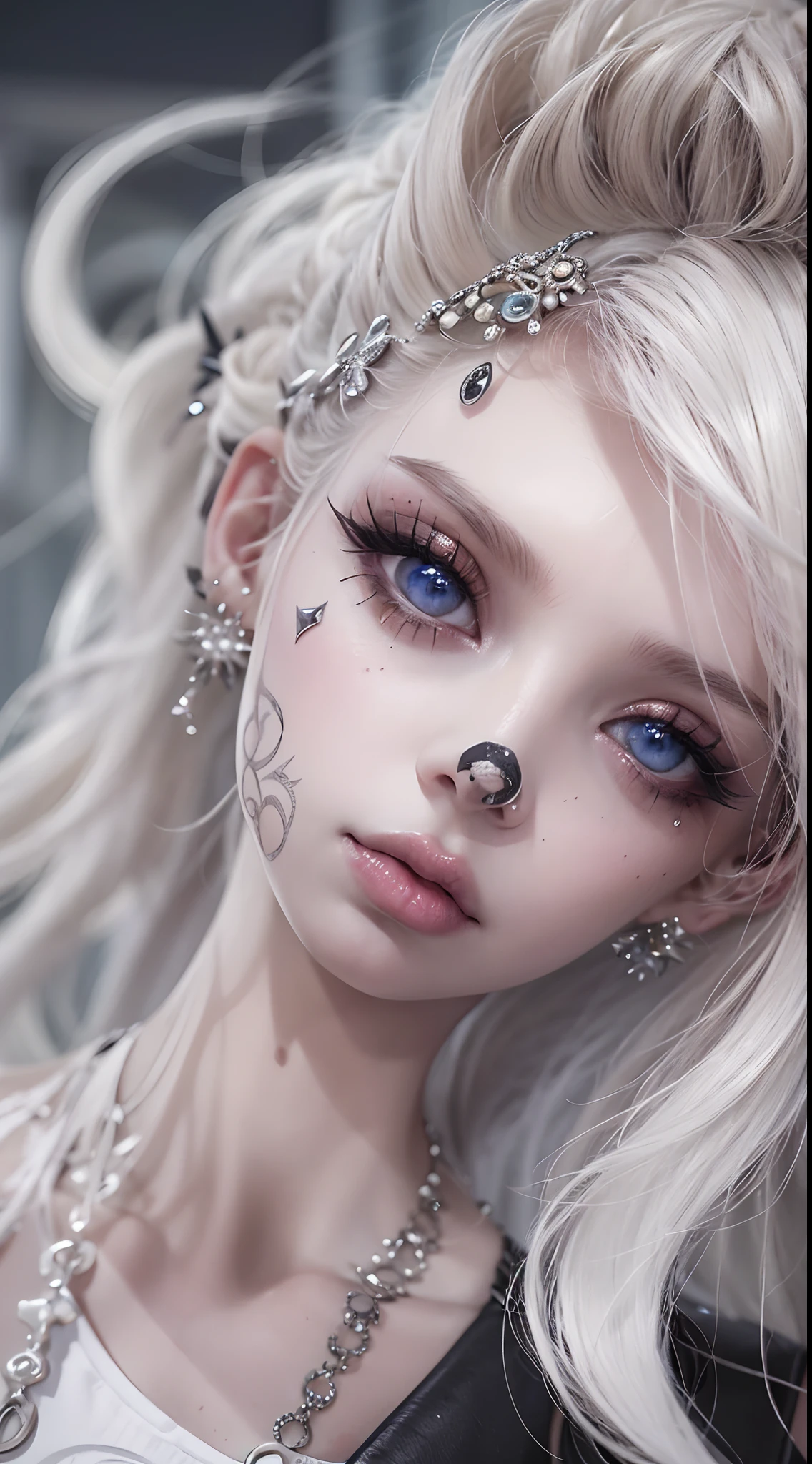 The prompts for the first theme are as follows:
"(Best Quality, 8K, 32K, masutepiece:1.3), Ultra-detailed, (Photorealistic:1.4), white colors, albino, Punk Girl, Detailed eyes, Upper body, Luxurious punk hair, Edgy punk fashion, Avant-garde makeup, Numerous piercings, Heavily tattooed body, Street background, Backlight effect, Shallow depth of field, Blurry background"