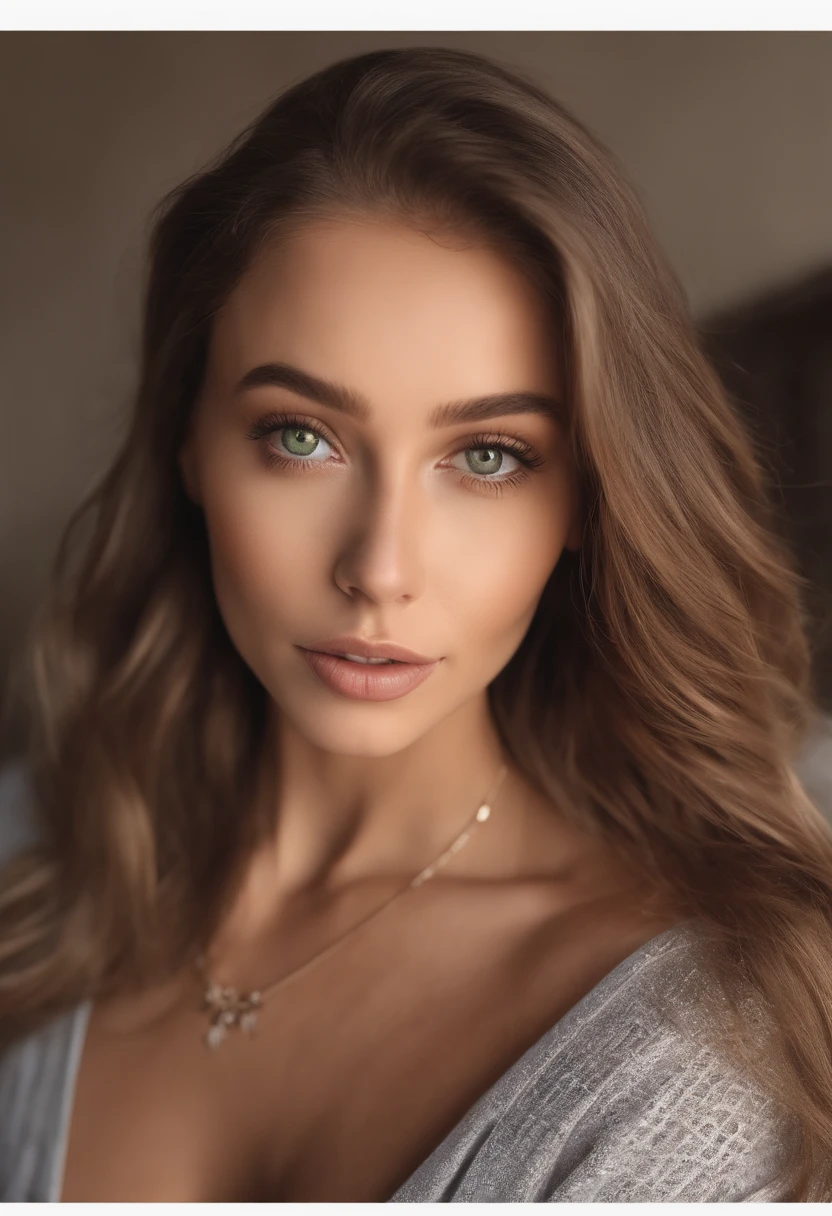 arafed woman with a necklace, sexy girl with green eyes, portrait sophie mudd, brown hair and large eyes, selfie of a young woman, bedroom eyes, violet myers, without makeup, natural makeup, looking directly at the camera, face with artgram, subtle makeup, stunning full body shot, piercing green eyes, beautiful angle, attractive pose, cute girl, sexy pose, full body picture, full body, full body shoot, brunette goddess, high detail, satisfied pose, business casual, professional, fashionable, trendy