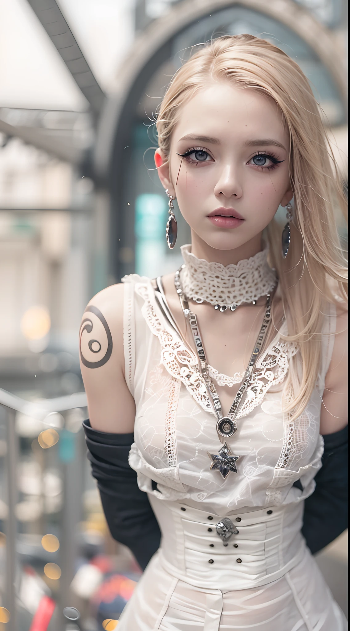 The prompts for the first theme are as follows:
"(Best Quality, 8K, 32K, masutepiece:1.3), Ultra-detailed, (Photorealistic:1.4), white colors, albino, Punk Girl, Detailed eyes, Upper body, Luxurious punk hair, Edgy punk fashion, Avant-garde makeup, Numerous piercings, Heavily tattooed body, Street background, Backlight effect, Shallow depth of field, Blurry background"