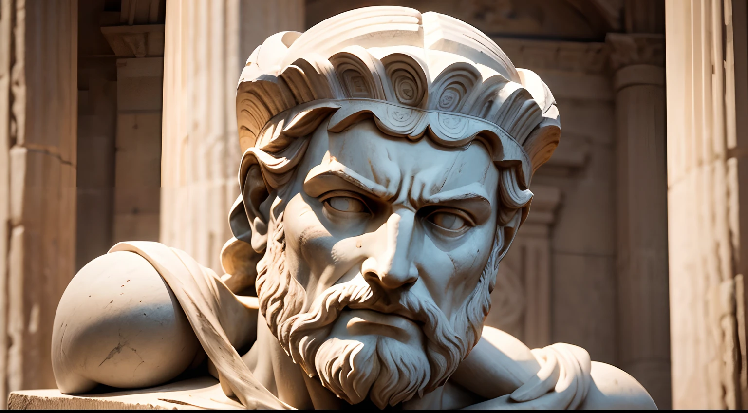 Ancient Greek statue with angry expression, tem barba, Filmado em Sony A7S III com Sony FE 35mm f/1.8, 12.1 MP, --AR 3:2 --estilo cru