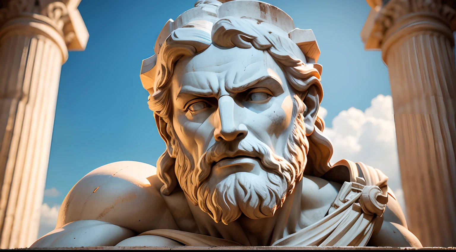 A white marble statue of a muscle, Bearded man with a stern look in a dark square at night, in the style of photographers Annie Leibovitz and Peter Lindbergh.