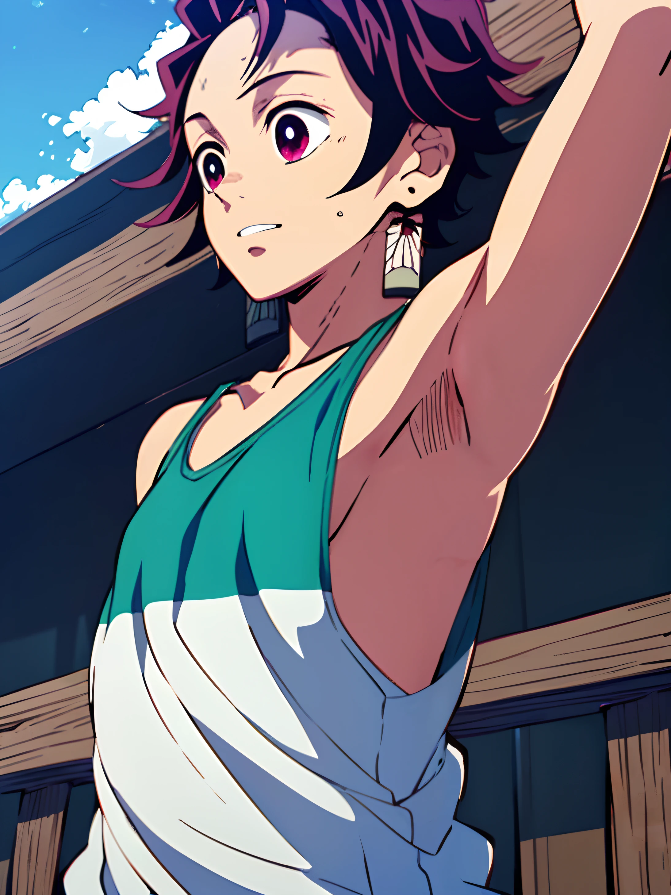 1boy masterpiece, Kamado Tanjiro from Demon Slayer, the day, gazing at the sky, (showing armpit:1.3), tank top, without clothes, upper body, body only, ray tracing, best color