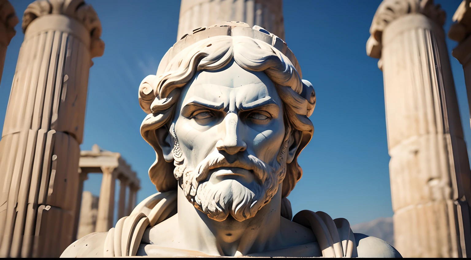 Ancient Greek statue with angry expression, tem barba, Filmado em Sony A7S III com Sony FE 35mm f/1.8, 12.1 MP, --AR 3:2 --estilo cru