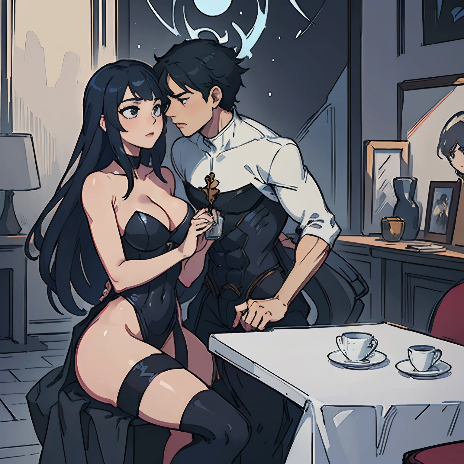 A snowy, whimsical fantasy scene with an super hero in sexy hero suit. The image is primarily composed of white, black, and royal blue colors. The artwork is created with abstract shapes and lines, resembling brush strokes. It has a poster art feel to it. The main focus of the scene is a couple engaged in a passionate kiss. The lighting and shadows play a crucial role in enhancing the mood of the artwork. The style of the image is influenced by the works of Malcolm Liepke, known for his dynamic and expressive paintings. seductive studio setting with a focus on sensuality and romance. Utilize soft, warm lighting that bathes the space in a gentle, inviting glow. Incorporate luxurious fabrics, plush furnishings, and a touch of decadence to evoke an opulent ambiance. The scene should exude an air of serenity and anticipation, inviting the viewer into a sensual and romantic space. The key is to emphasize elegance, beauty, and the allure of the studio environment while maintaining a tasteful and artistic approach. holding a spears as weapon.