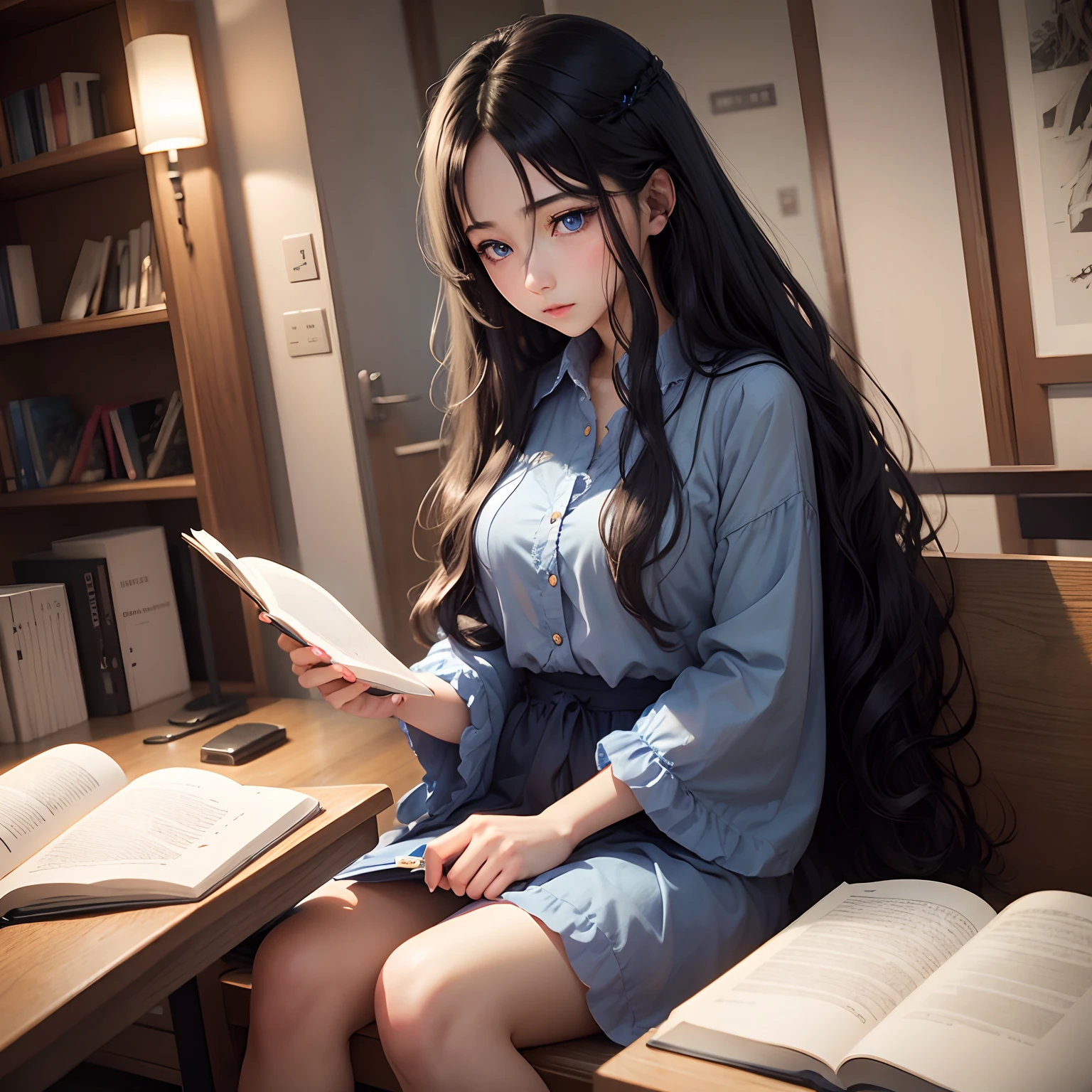 natta、Reading woman with long wavy black hair and blue eyes