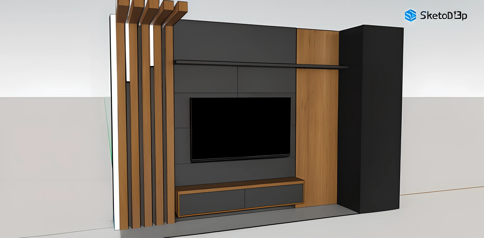 A closeup of a television mounted on a wall with a wood panel, Conceito 3D, Conceito 3D, Projeto 3D, Projeto 3D, design conceitual, 3 d renders, conceitual, 3 d finalrender, 3d final render, vue 3d render, 2 d render, Detailed rendering, 3D-rendering, 3D rendering, detailed 3d render, realista, 4K photo with lighting effect