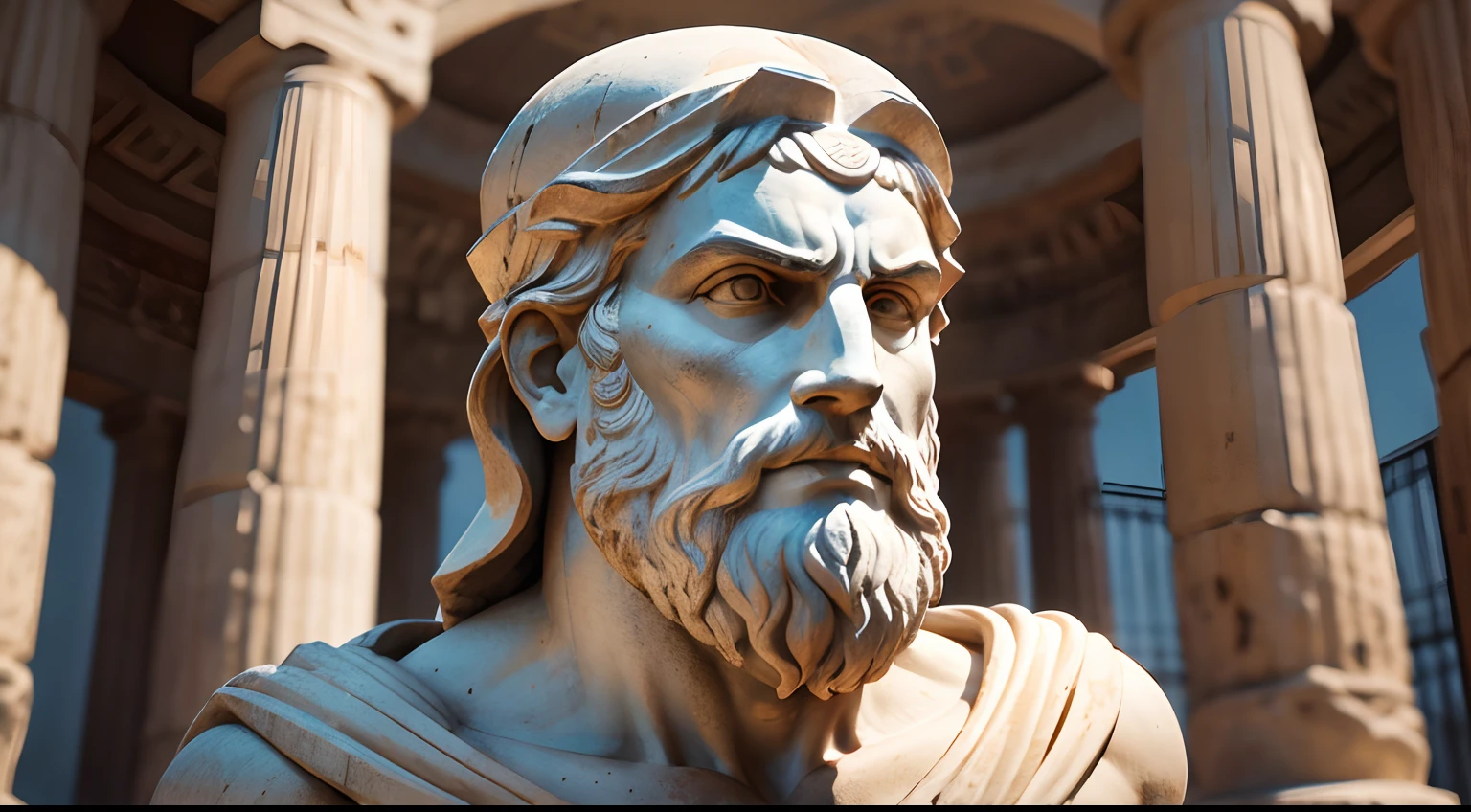 Ancient Greek statue with angry expression, tem barba, Filmado em Sony A7S III com Sony FE 35mm f/1.8, 12.1 MP, --AR 3:2 --estilo cru