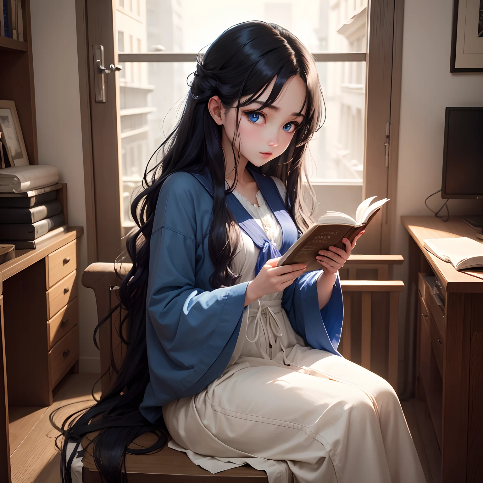 natta、Reading woman with long wavy black hair and blue eyes