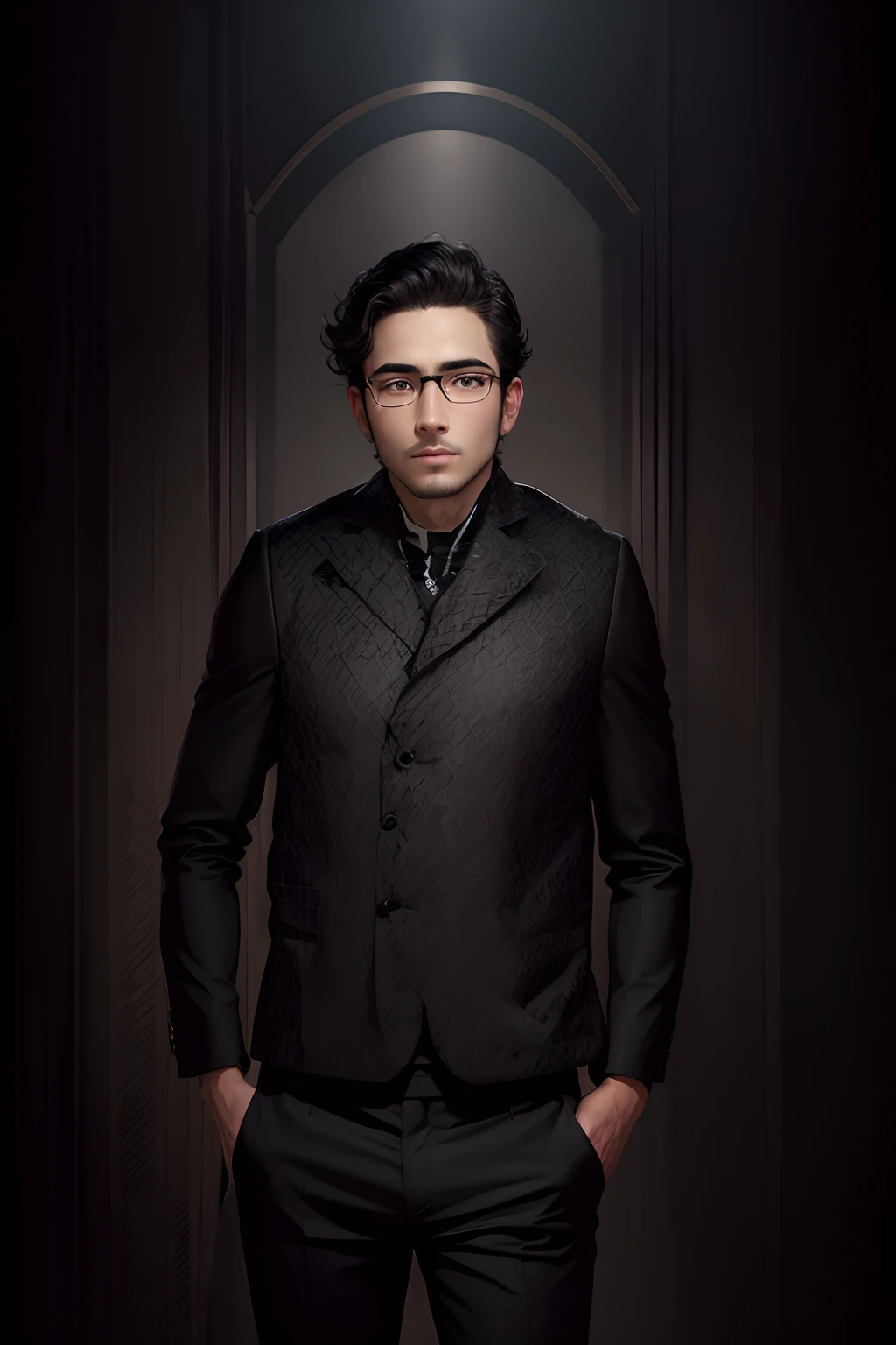 Dark black backgroung with black 3pc full suit clots with massy hair and real face its man photo make a look like a gentelman with the real face and look like a real photo make its background black and were a a glasses