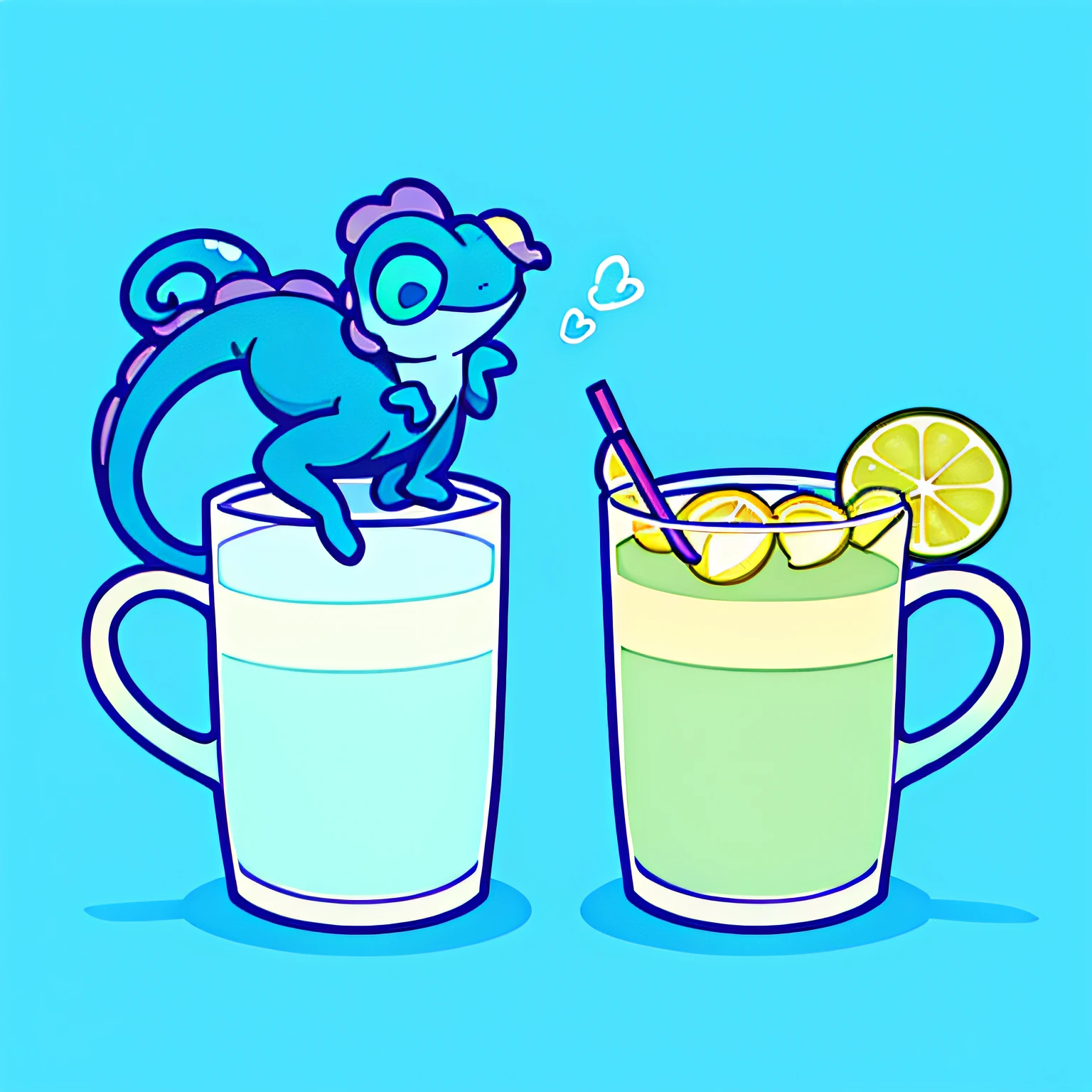 Chameleon drinks lemon tea in pastel blue ''Chamelemon'' text.、gradients、Minimum and pure — all、It has simple features..、ultra-detail、detailed drawing、vector