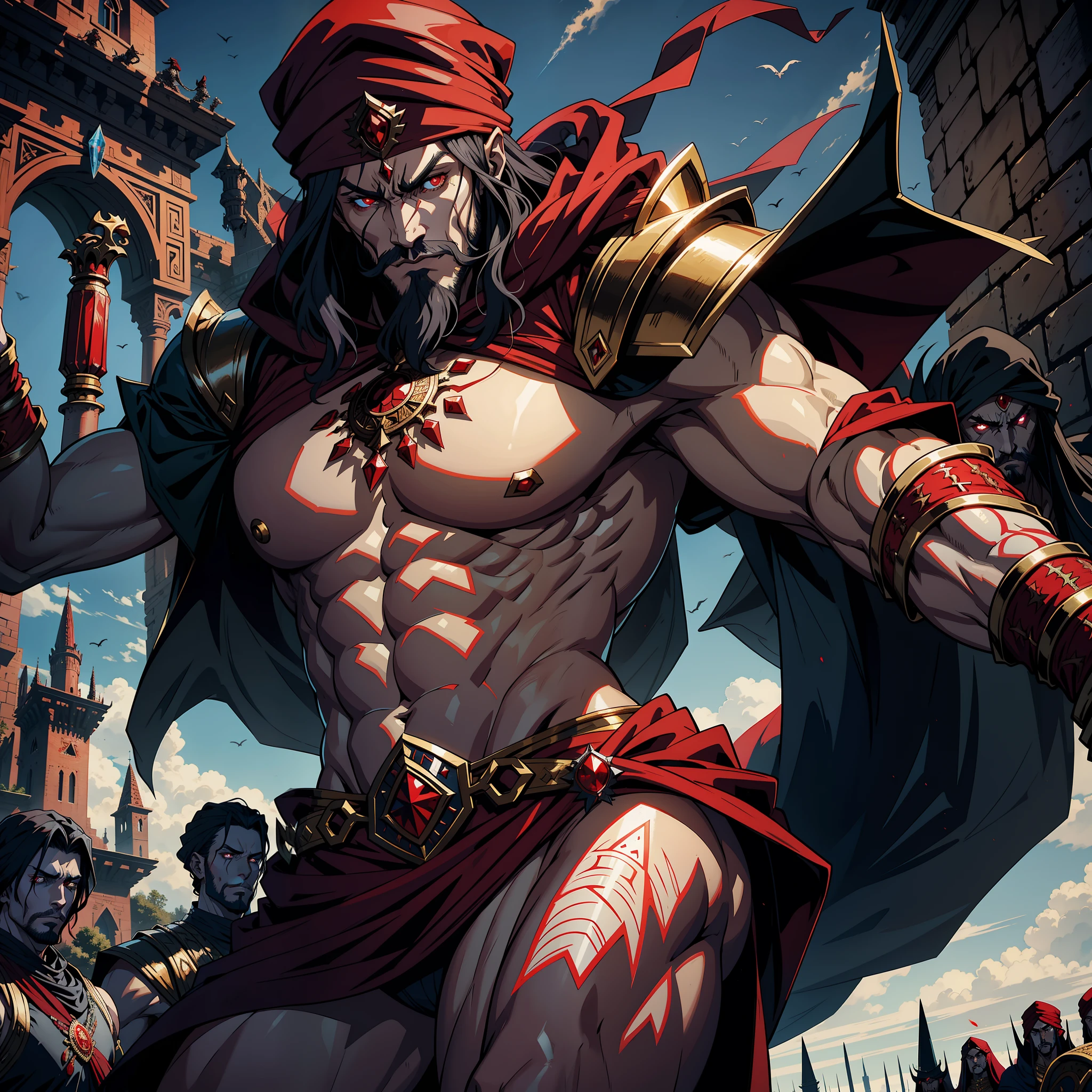 Moroccan Lord Dracula with Red Turban Muscular Handsome Warrior Long Hair White Red Eyes Medieval Crystal Back to His Castle Victorious with His Troops Demon Armed at Noon Super Realistic Super Detailed Dynamic Shot Centerpiece Cinematic Scene Epic Scenes Legendary Movie Proportions Correct Anatomy Correct Poses Hyper Realistic Super Detailed