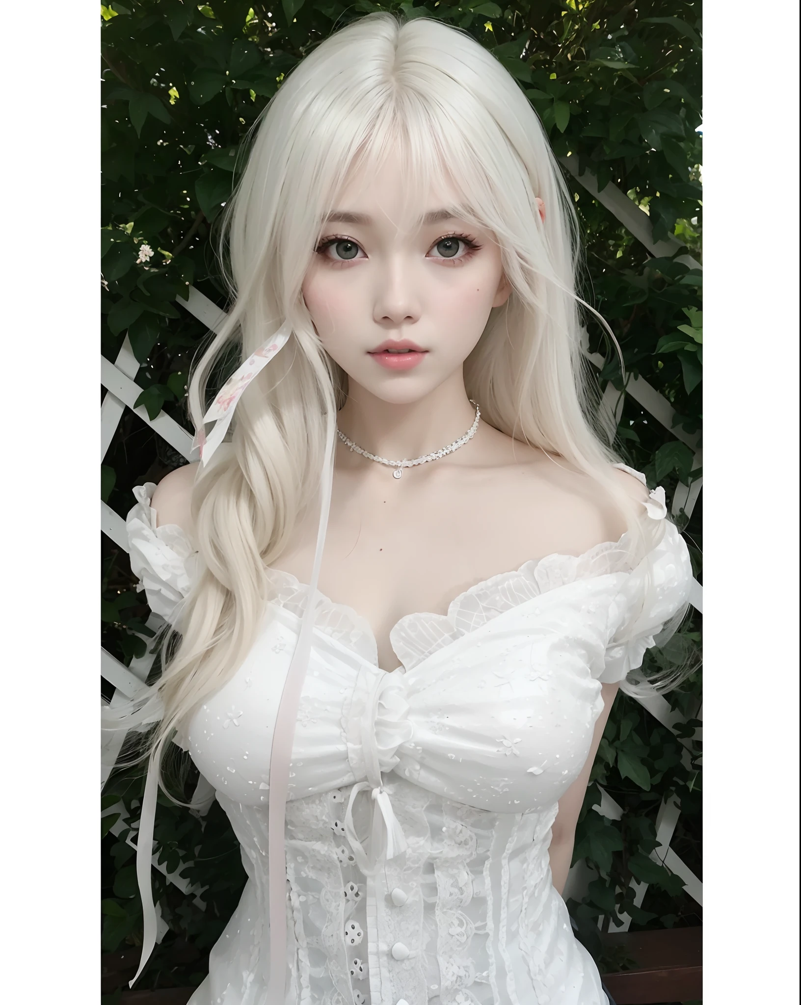 de cabelo loiro no espartilho branco com fita rosa, longos cabelos brancos e franja, com longos cabelos brancos, com cabelos longos brancos, pale milky white porcelain skin, Sakimichan, Shikami, branco hime corte penteado, porcelana pele branca, Guweiz, pale porcelain white skin, com longos cabelos loiros, Ulzzang, peruca, trending at cgstation