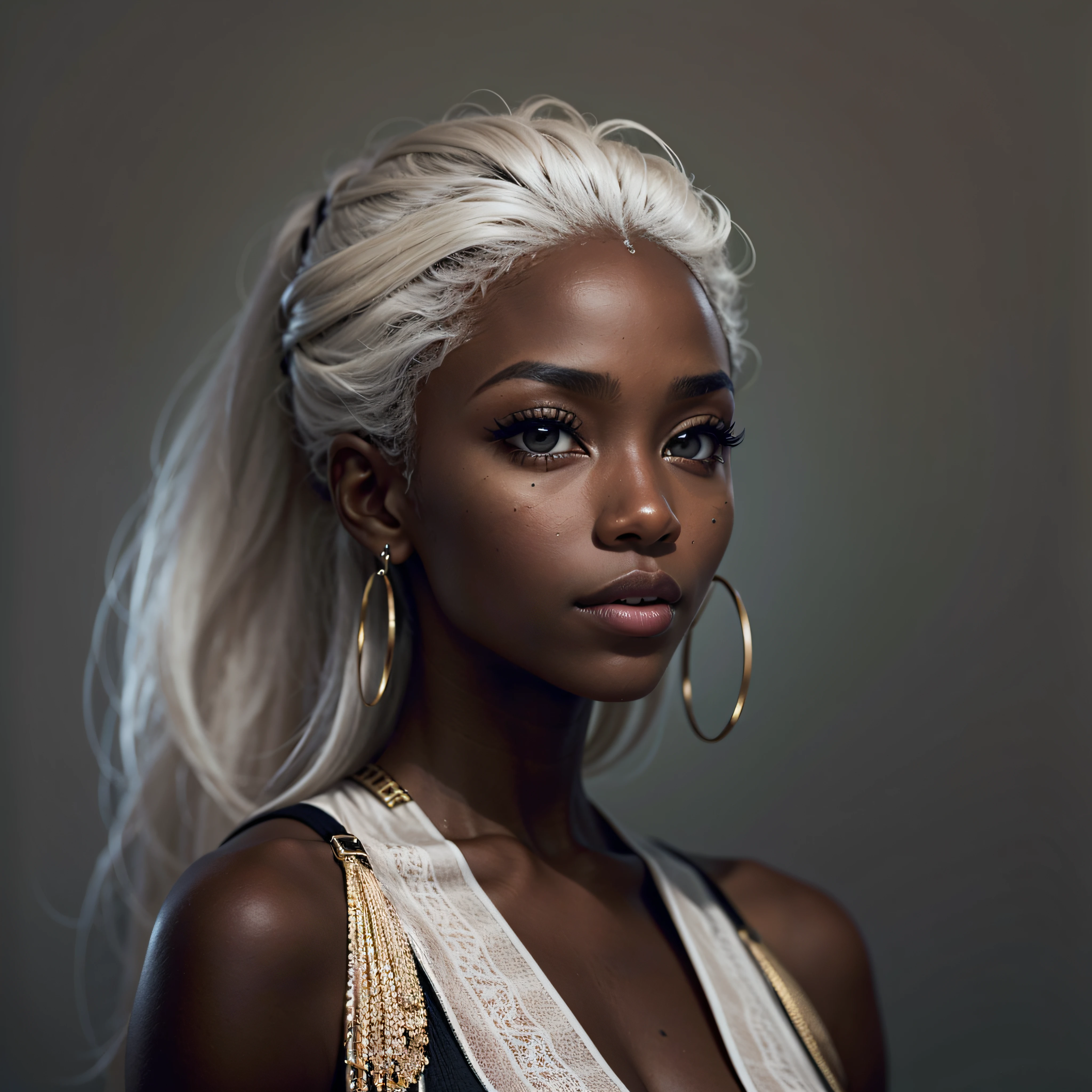 (wide shot), (futuristic hexagonal fashion style, deus ex aesthetic), (authentic expressive eyes: 1.2), (An exquisite portrait of a black African woman:1.3), (ebony skin tone:1.2), wearing dark makeup, the photograph captured in stunning 8k resolution and raw format to preserve the highest quality of details. The woman's beauty is undeniable. She wears futuristic angular clothing that complements her soft features, (her eyes are portrayed with meticulous attention to detail: 1.3), showcasing the captivating depth within her eyes. The photograph is taken with a lens that emphasizes the gentle smile in her eyes, and the backdrop is a dark studio setting that enhances the muted colours of the scene. The lighting and shadows are expertly crafted to bring out the richness of her skin tone and the subtle nuances of her features. Her pure white hair adds a touch of contrast against her ebony skin. The interior setting adds a sense of intimacy. The overall composition captures her essence with authenticity and grace, creating a portrait that celebrates her heritage and beauty. Photography utilizing the best techniques for shadow and lighting, to create a mesmerizing portrayal that transcends the visual, slightly tilted head, (extreme eye details: 1.4)