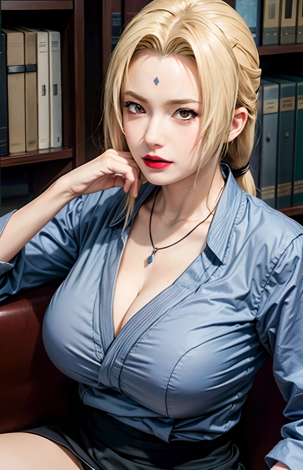 (huge tits), cleavage, good anatomy, masterpiece, best quality, 4k, 8k, professional photography, soft light, sharp focus, 1 girl,  blonde hair, kimono, (mountai), clouds, blonde hair, parted banks, detailed face+brown eyes, smile, closed lips, lipstick, bookshelves, windows,realistic, Tsunade in anime (Naruto),qualiti detail higt ,HDR photos