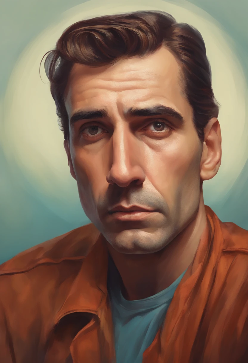 A man with a sad expression , caricature, Expressionnisme, looking straight at camera