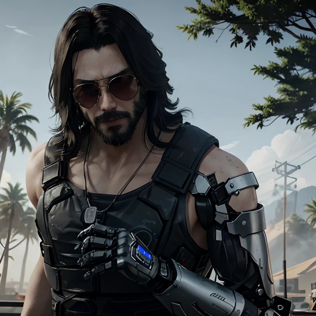 JohnnySilver, 1boy, male focus, solo, facial hair, sunglasses, realistic, single mechanical arm, mechanical arms, beard, black hair, tree, necklace, gloves, upper body