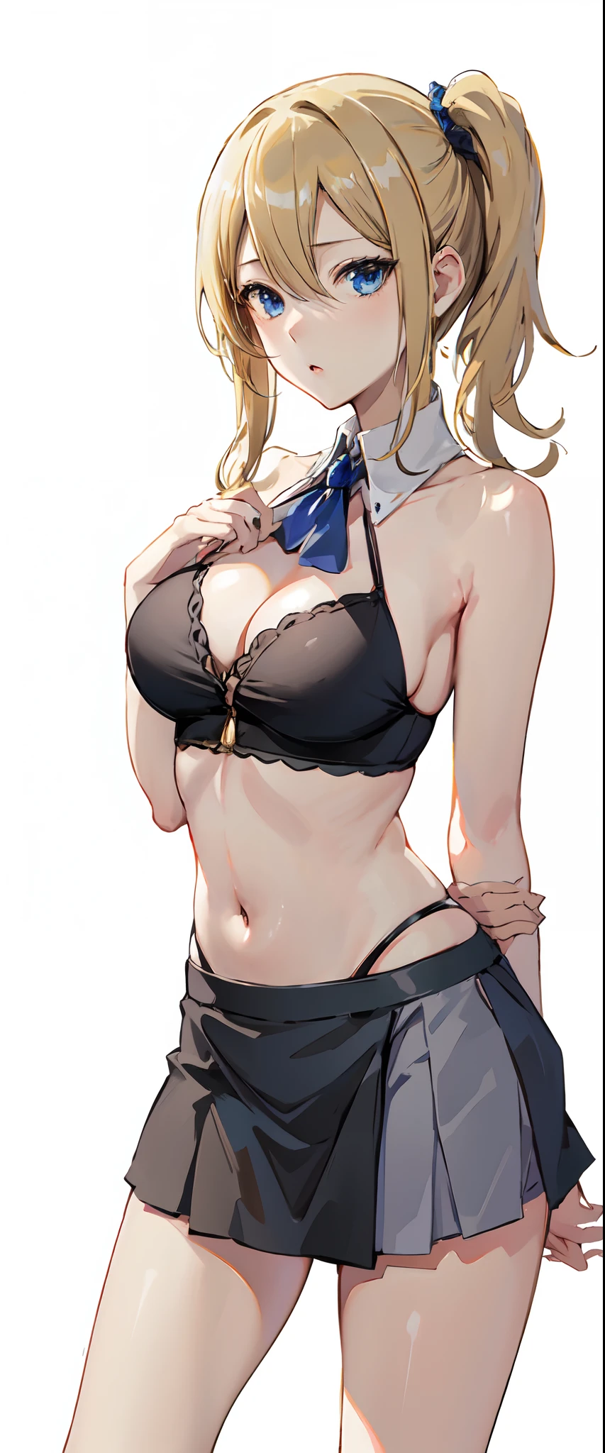 Hayasaka ai, high resolution, soft light, blue eyes, blonde hair, long hair, side ponytail, slim legs, navel, side tie bikini, under boob, short skirt, cleavage,