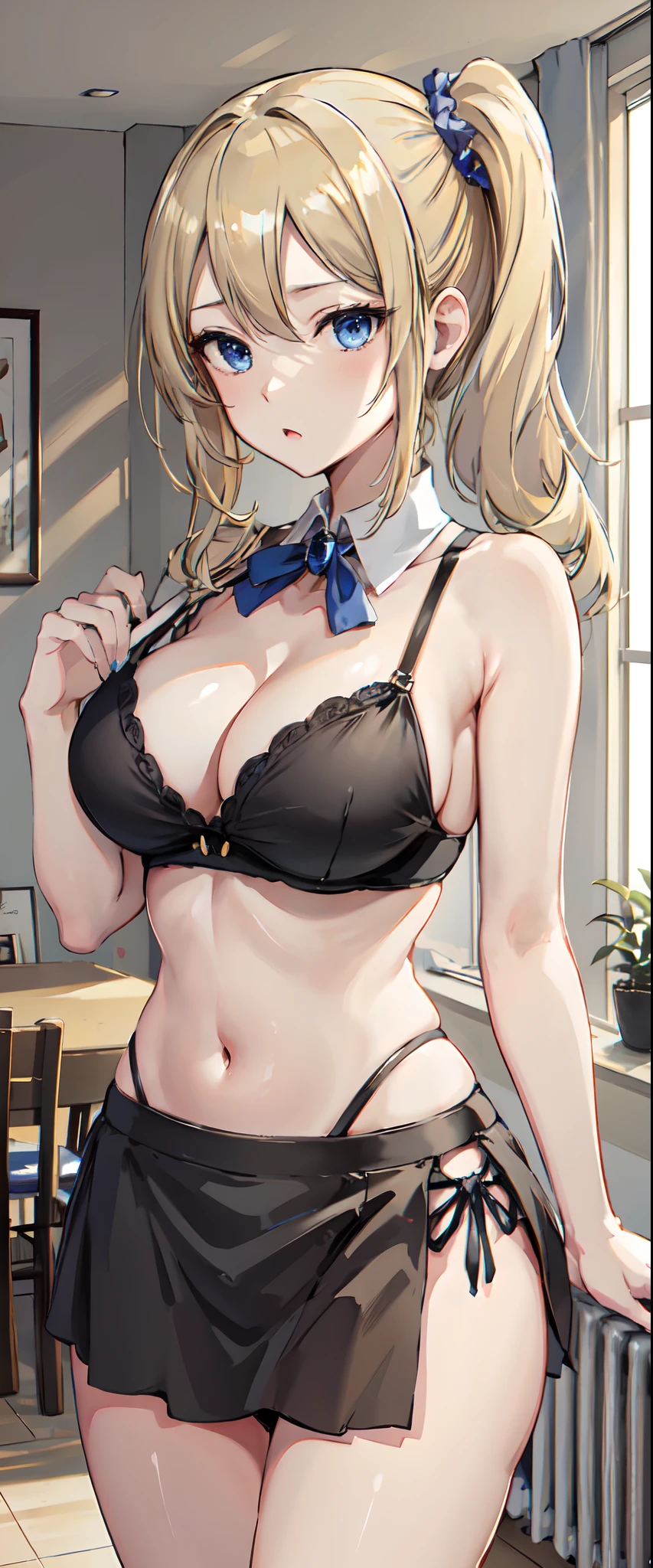 Hayasaka ai, high resolution, soft light, blue eyes, blonde hair, long hair, side ponytail, slim legs, navel, side tie bikini, under boob, short skirt, cleavage,