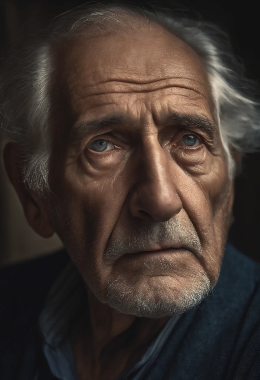 An old man with a sad expression , Realstic, Expressionnisme, looking straight at camera
