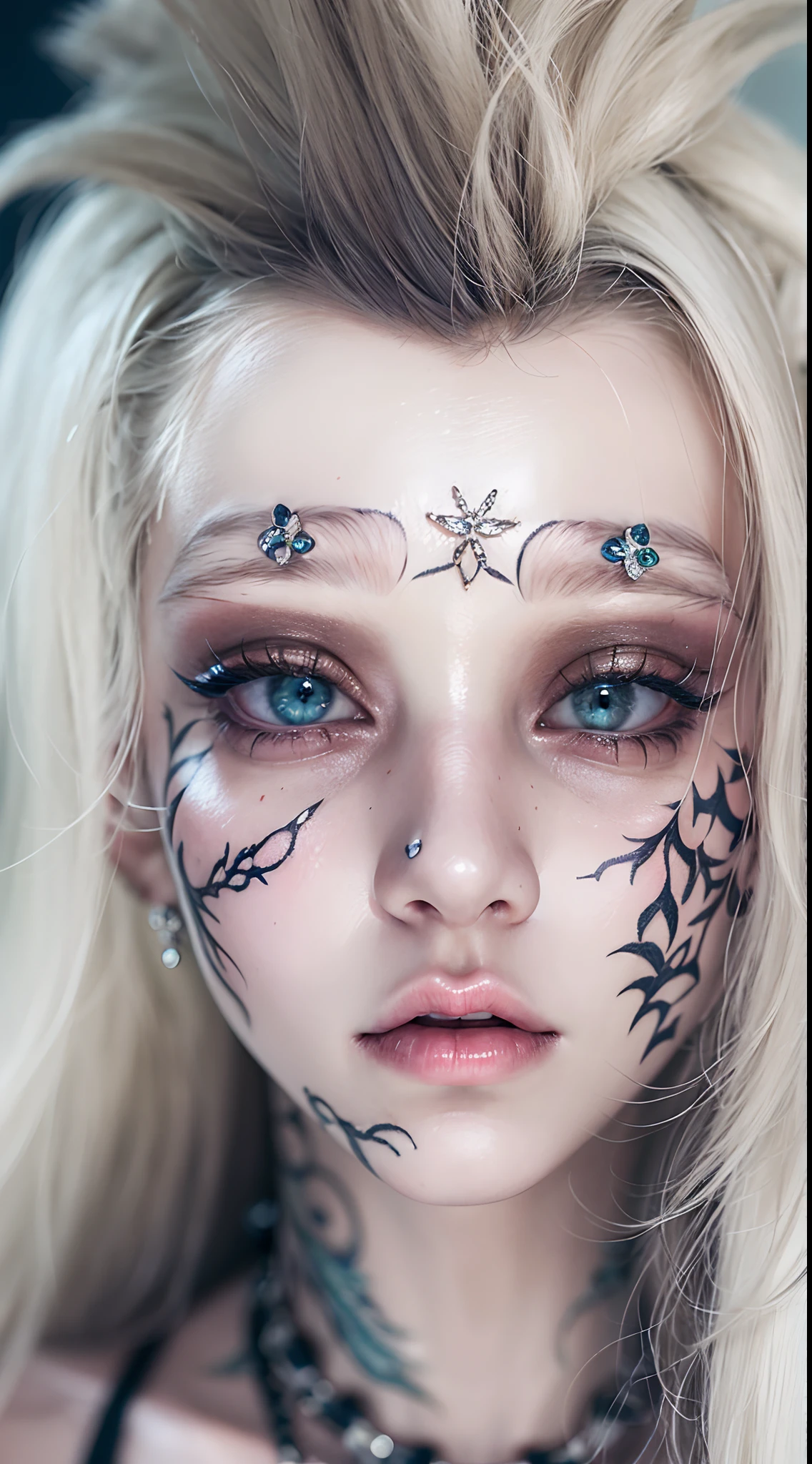 The prompts for the first theme are as follows:
"(Best Quality, 8K, 32K, masutepiece:1.3), Ultra-detailed, (Photorealistic:1.4), white colors, albino, Punk Girl, Detailed eyes, Upper body, Luxurious punk hair, Edgy punk fashion, Avant-garde makeup, Numerous piercings, Heavily tattooed body, Street background, Backlight effect, Shallow depth of field, Blurry background"