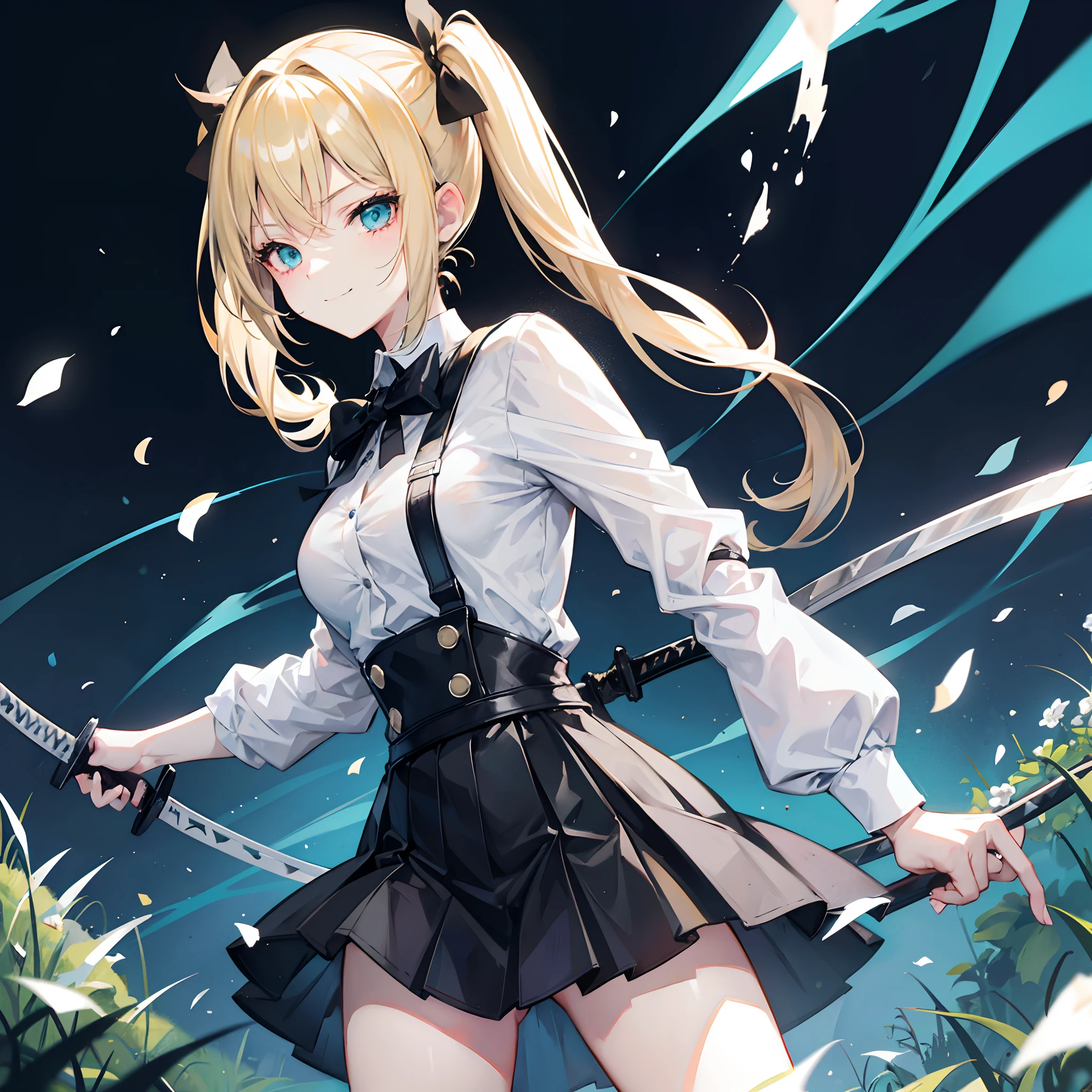 18-year-old blonde, Turquoise eyes, Twintail hair,Two black bow ties.. Wear a white shirt with buttons.. Black miniskirt...Two-handed sword wielding .In the middle of the grass. .With a slightly smiling face...............