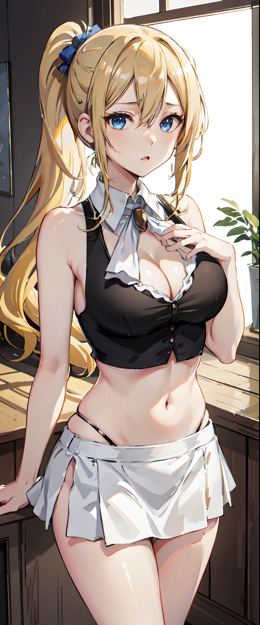 Hayasaka ai, high resolution, soft light, blue eyes, blonde hair, long hair, side ponytail, slim legs, navel, side tie bikini, under boob, short skirt, cleavage,