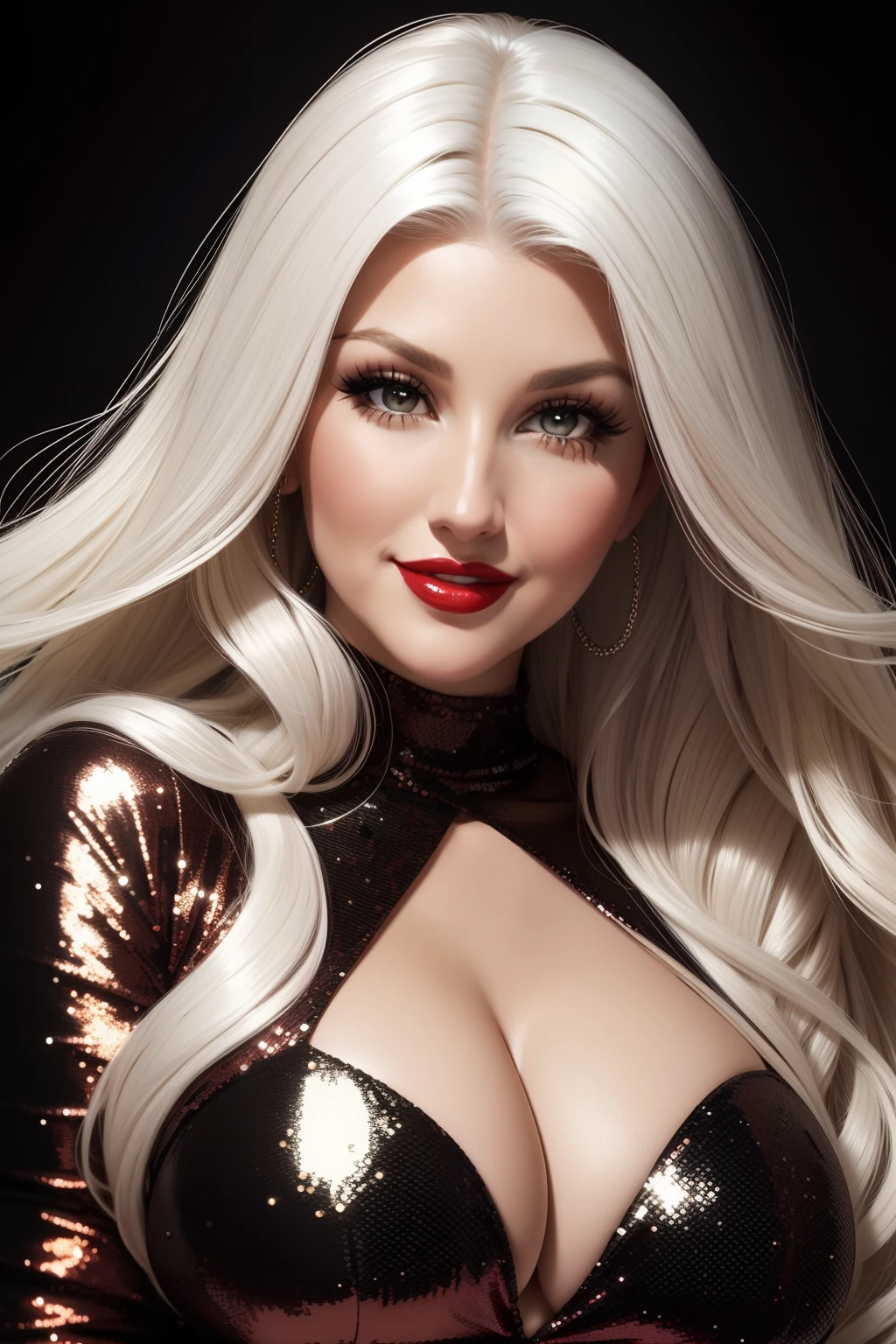 Lucy Pinder, Face portrait, face, red lipstick, smiling, cleavage, platinum hair, long hair, sequin dress, black dress, very chubby woman, Christina Aguilera.