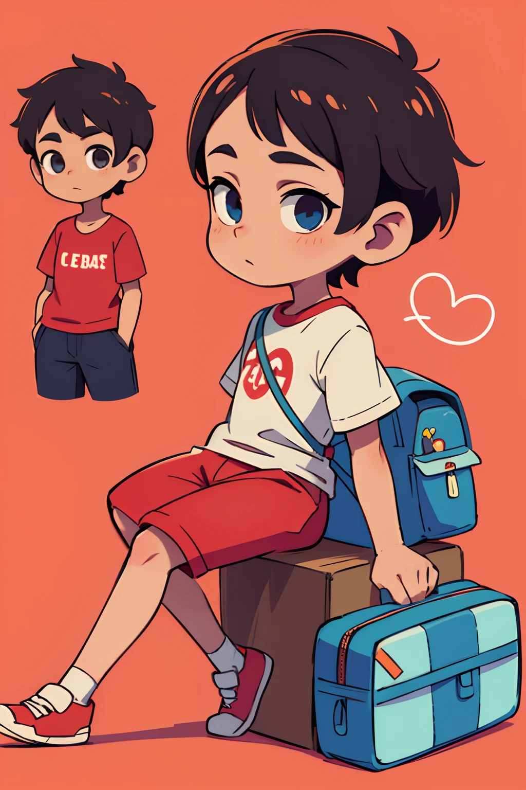 um menino com cabelo cacheado, e uma mochila, sapatos vermelhos, nave espacial na camisa, folha de caracteres, Multiple angles