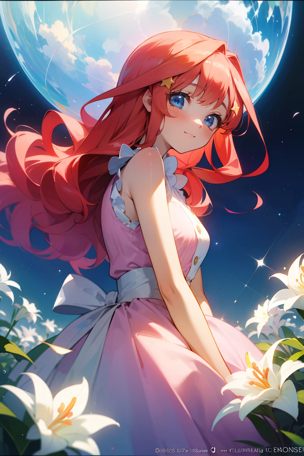 Cute as a dream、a pale, (masterpiece、top-quality、top-quality、watercolor paiting(Curly)、Take a cute cat、Official art、Beautifully Aesthetic:1.2)、(a beauty girl:1.3)、patterns、Soap bubbles、Rainbow behind、clouds、colourfull、Hair spreads throughout、kawaii、pastels、Large ribbon、Lovely room、Wallpapers, poster, fruit, (several fresh cherries), moist, summer, blue sky, white clouds, HD Detail, Moist Watermark, Ultra Detail, Movie, Hyper Realism, Soft Light, Deep Focus Bokeh, Ray Tracing, --niji 5. crystal, fantasy, galaxy, transparent, shimmering, sparkling, splendid, colorful, magical photography, dramatic lighting, Itsuki Nakano, long fluffy red hair, blue eyes, nakano_itsuki, collared white shirt, sleeveless red-pink jumper, star hairclips, 5 pointed star hairclips, Heart, iridescent, cute, crystal, love, blushing, sweet expression, splendid delicate dress, among lillies, blue sky, iridescent clouds, pastels, dark starry sky,