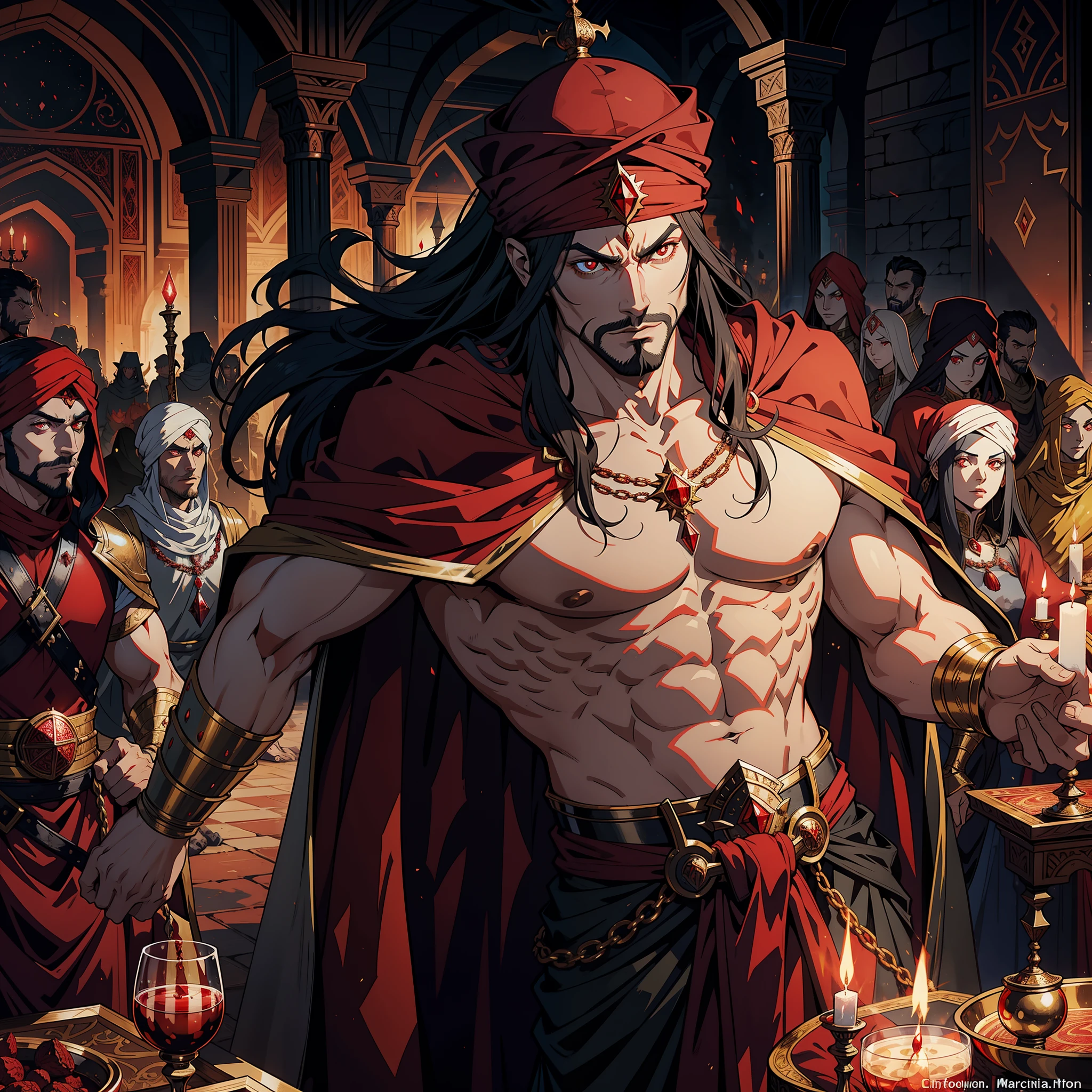 Moroccan Lord Dracula in Red Turban Handsome Muscular Warrior Long Hair White Red Eyes Medieval Crystal Return to His Castle Victorious with His Troops Armed Demon at Noon Super Realistic Super Detailed Dynamic Shot Centerpiece Cinematic Scene Epic Scenes Legendary Proportions Film Anatomy