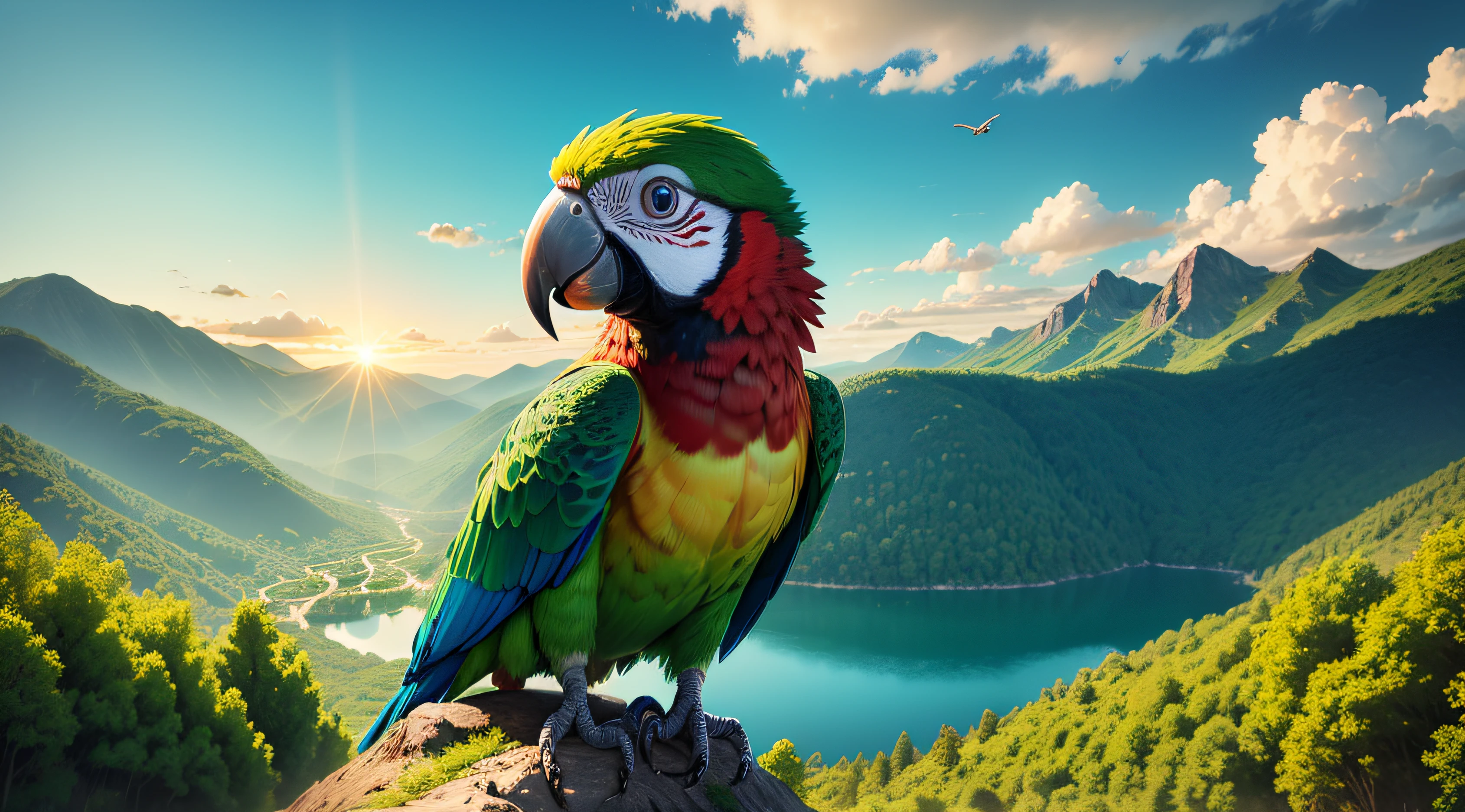 view of a Adorable parrot flying on sky over the forest, Open mouth, full body, Close-up, back the Lens, Pixar Movie Style, very cute, big eyes, bright eyes, smiling, amazing sky, light day, clouds, amazing sunset, mountains on horizon, lightgreen trees and a lake in ground, high quality