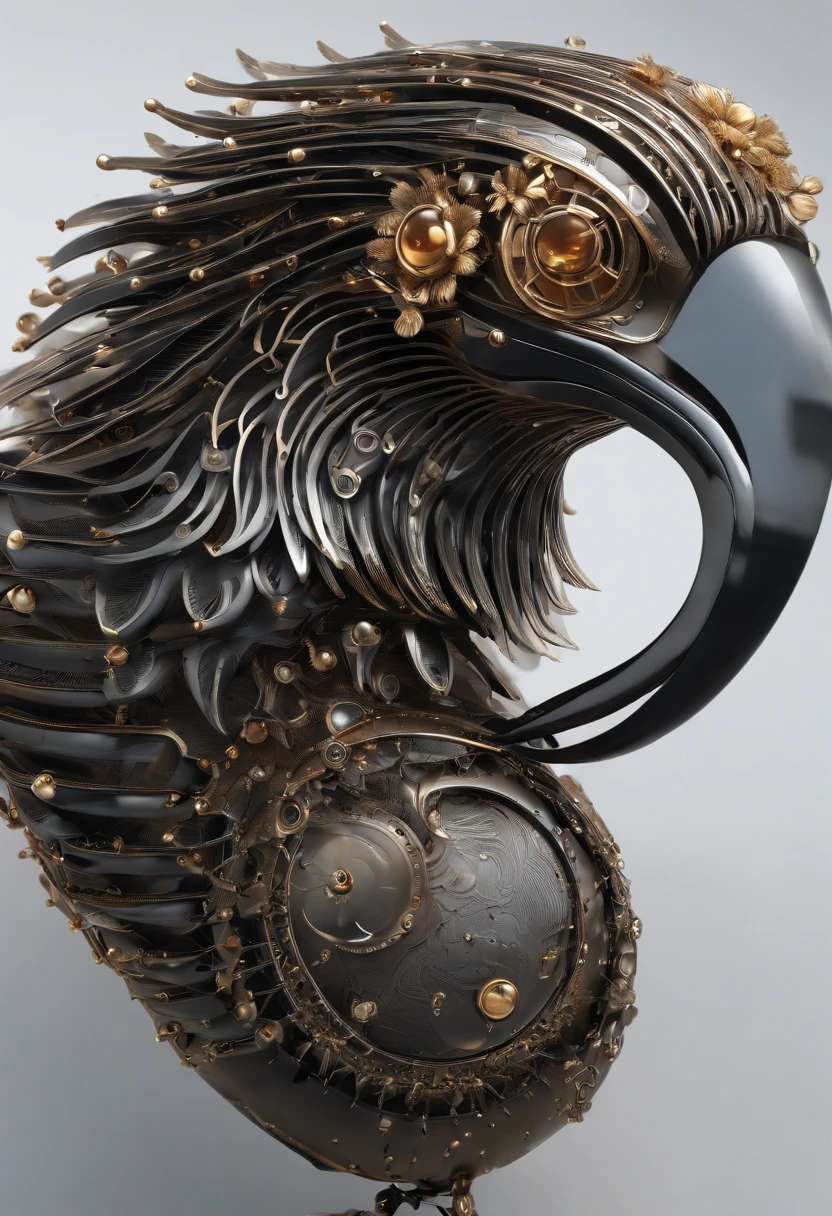 biomechanical of Victoria Crowned Pigeon bird, mechanical feathers, robotic, steampunk mechanical body, metal elements, acrylic bubbles and flowers, ferrofluids, water distortions. looking up, intricate abstract. intricate artwork. intricate detail, beeple. blend of organic and mechanical elements, futuristic, cybernetic, detailed, intricate, dark theme, (in awe:1.2), confident, (surprised:0.7), realistic rendring 3d object, unreal engine 5
