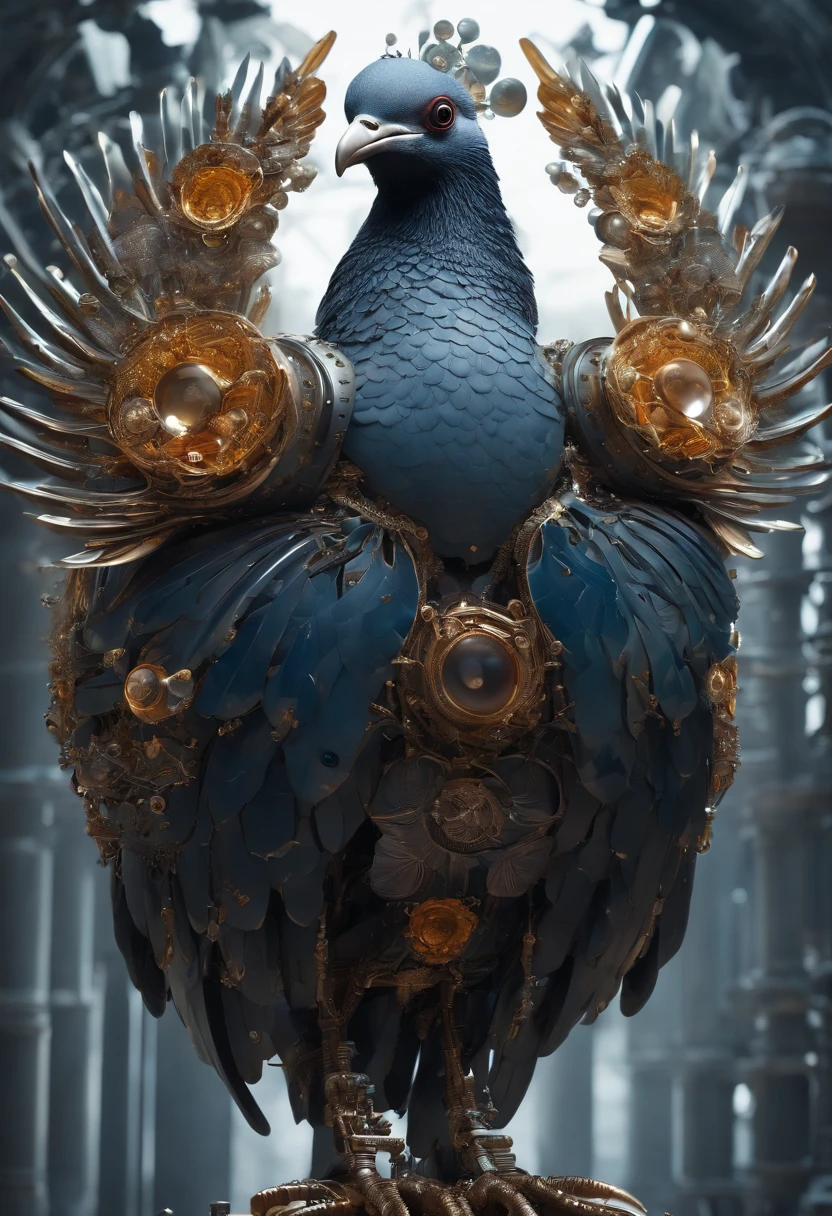 biomechanical of Victoria Crowned Pigeon bird, mechanical feathers, robotic, steampunk mechanical body, metal elements, acrylic bubbles and flowers, ferrofluids, water distortions. looking up, intricate abstract. intricate artwork. intricate detail, beeple. blend of organic and mechanical elements, futuristic, cybernetic, detailed, intricate, dark theme, (in awe:1.2), confident, (surprised:0.7), realistic rendring 3d object, unreal engine 5